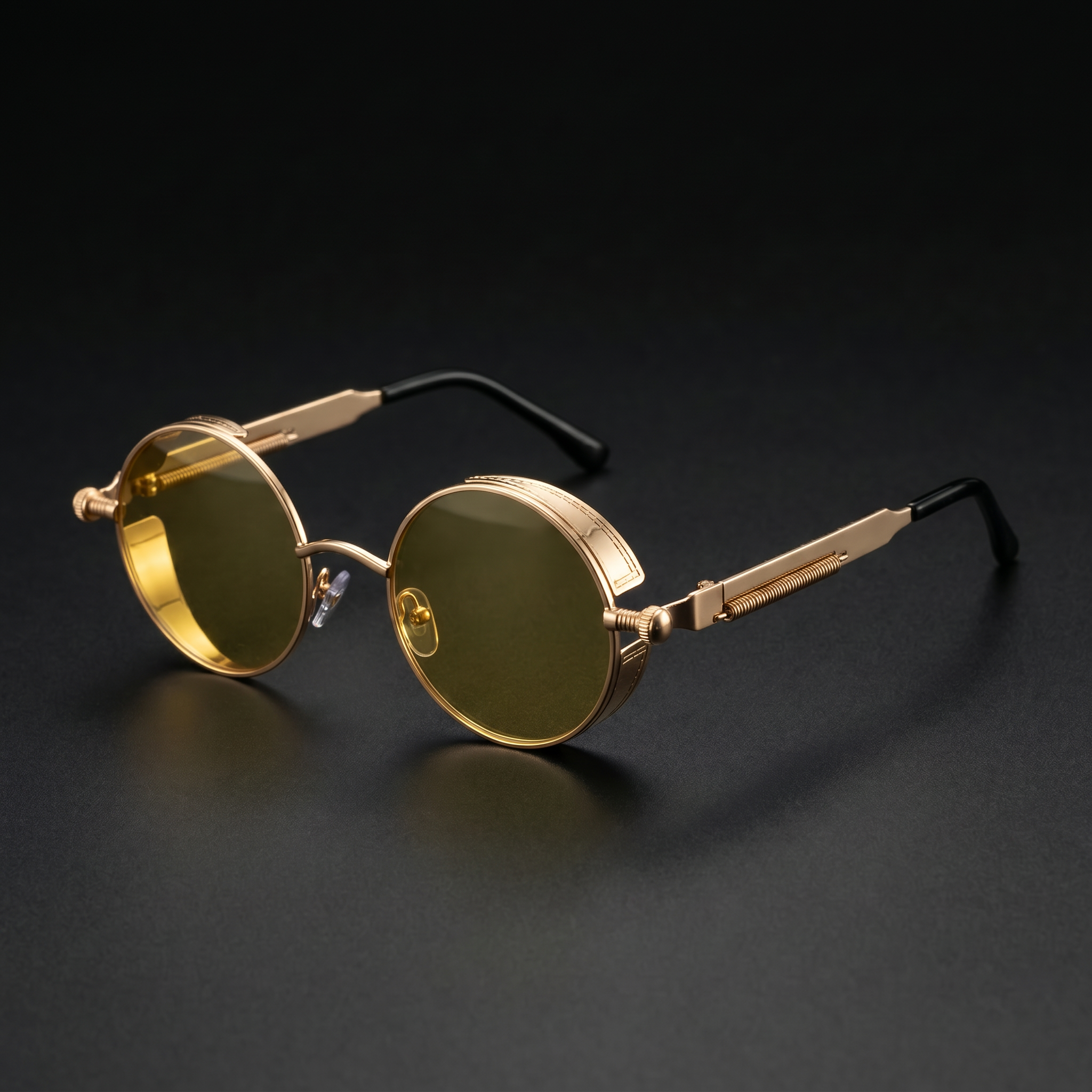 Round Steampunk Sunglasses – Gold Clear colorway close-up