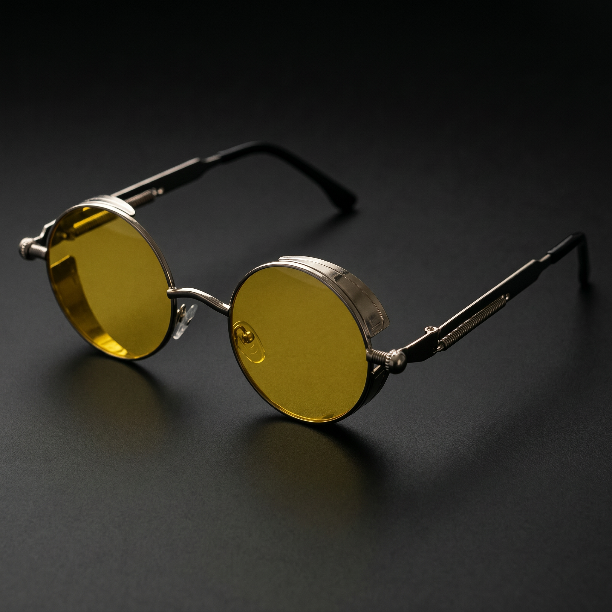 Round Steampunk Sunglasses – Silver Yellow colorway close-up