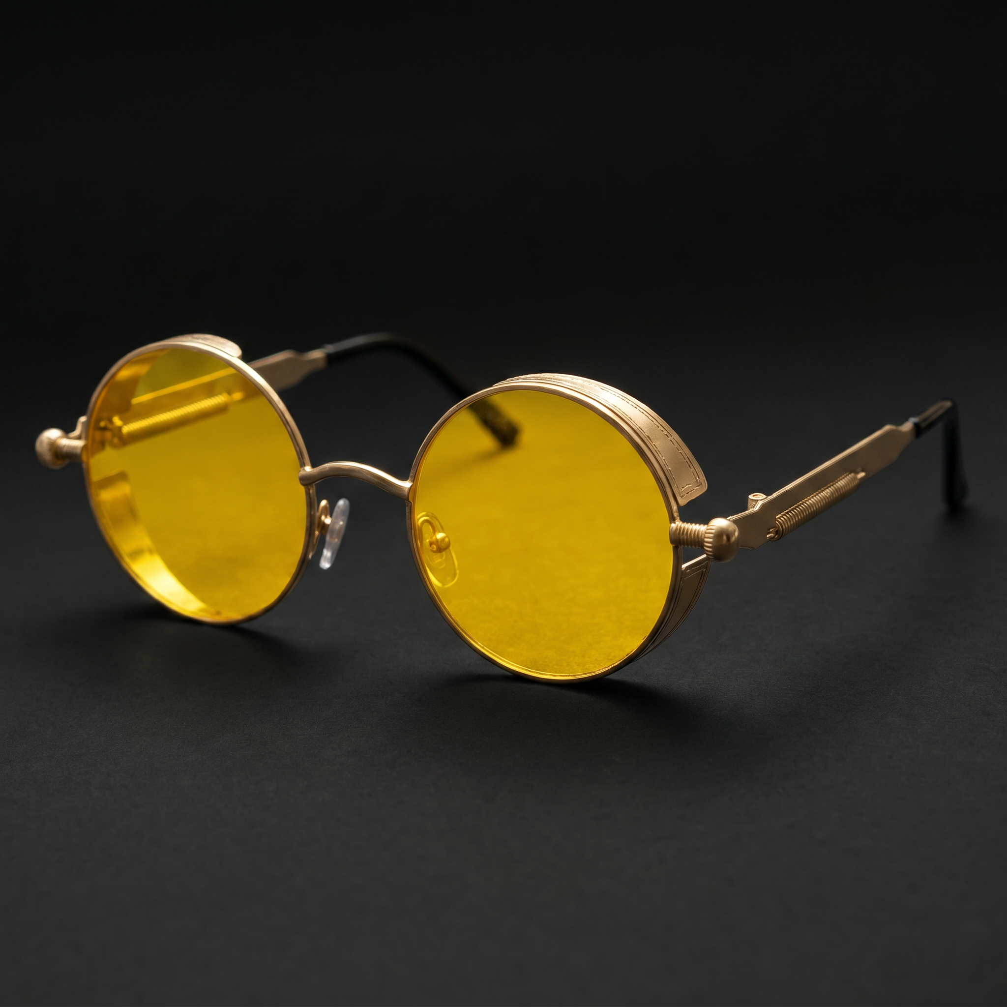 Round Steampunk Sunglasses – Gold Yellow colorway close-up