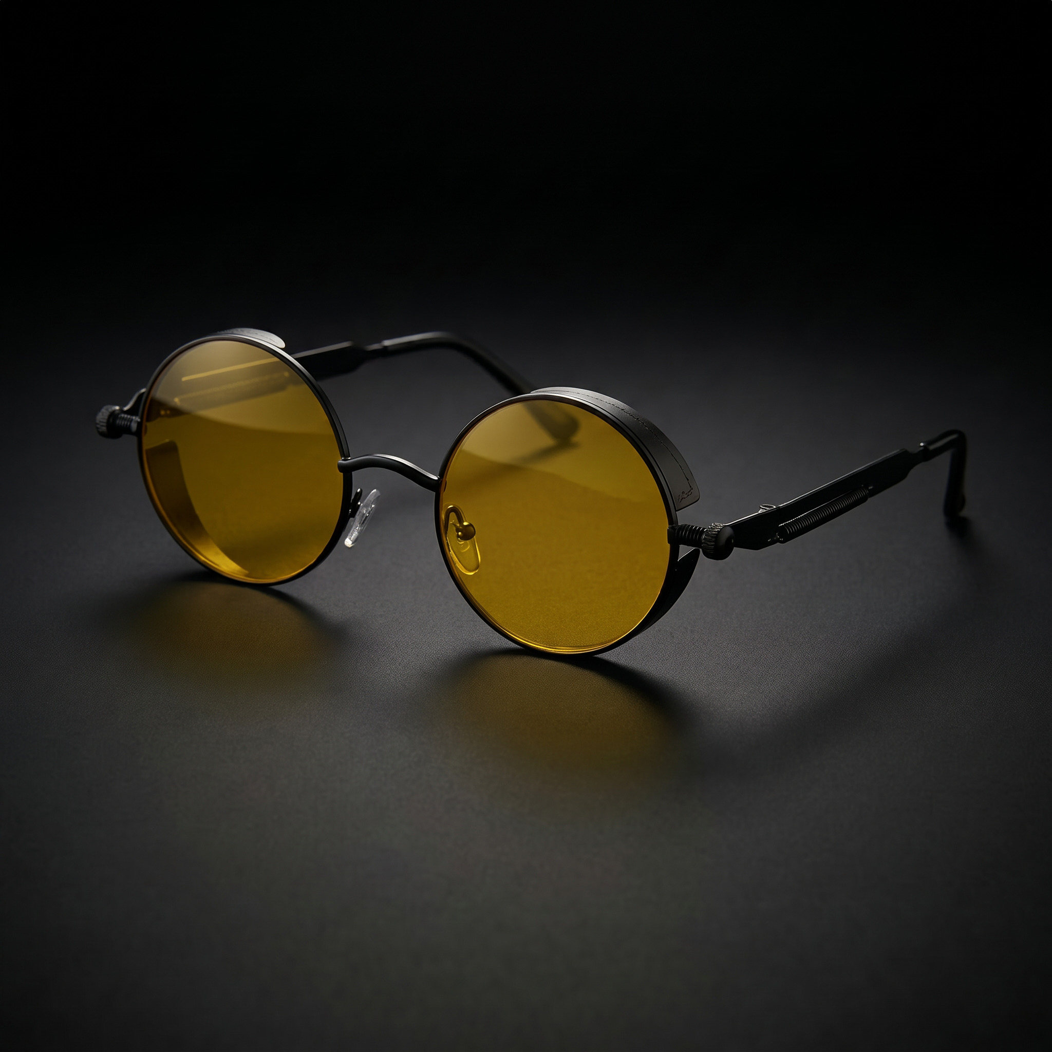 Round Steampunk Sunglasses – Black Yellow colorway close-up