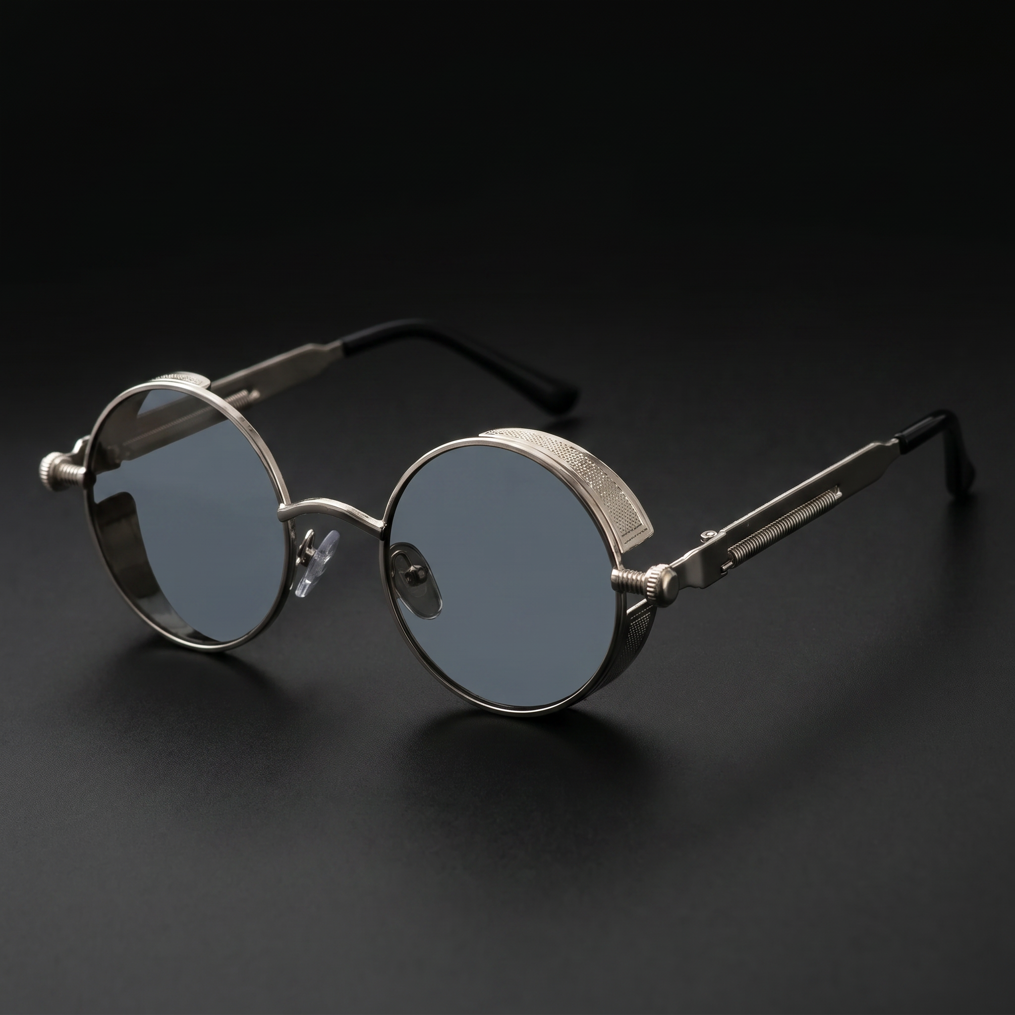 Round Steampunk Sunglasses – Silver Gray colorway close-up
