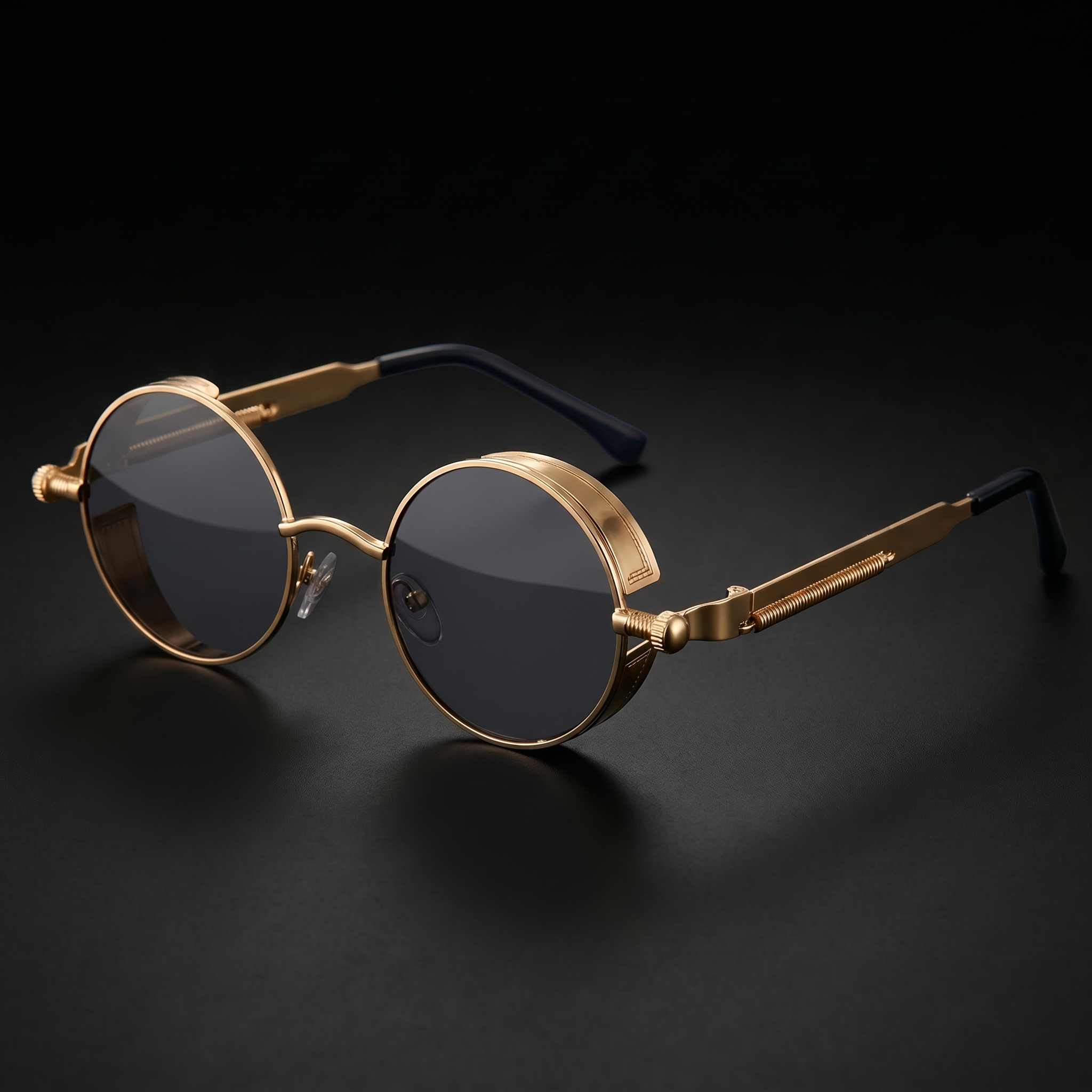 Round Steampunk Sunglasses – Gold Gray colorway close-up