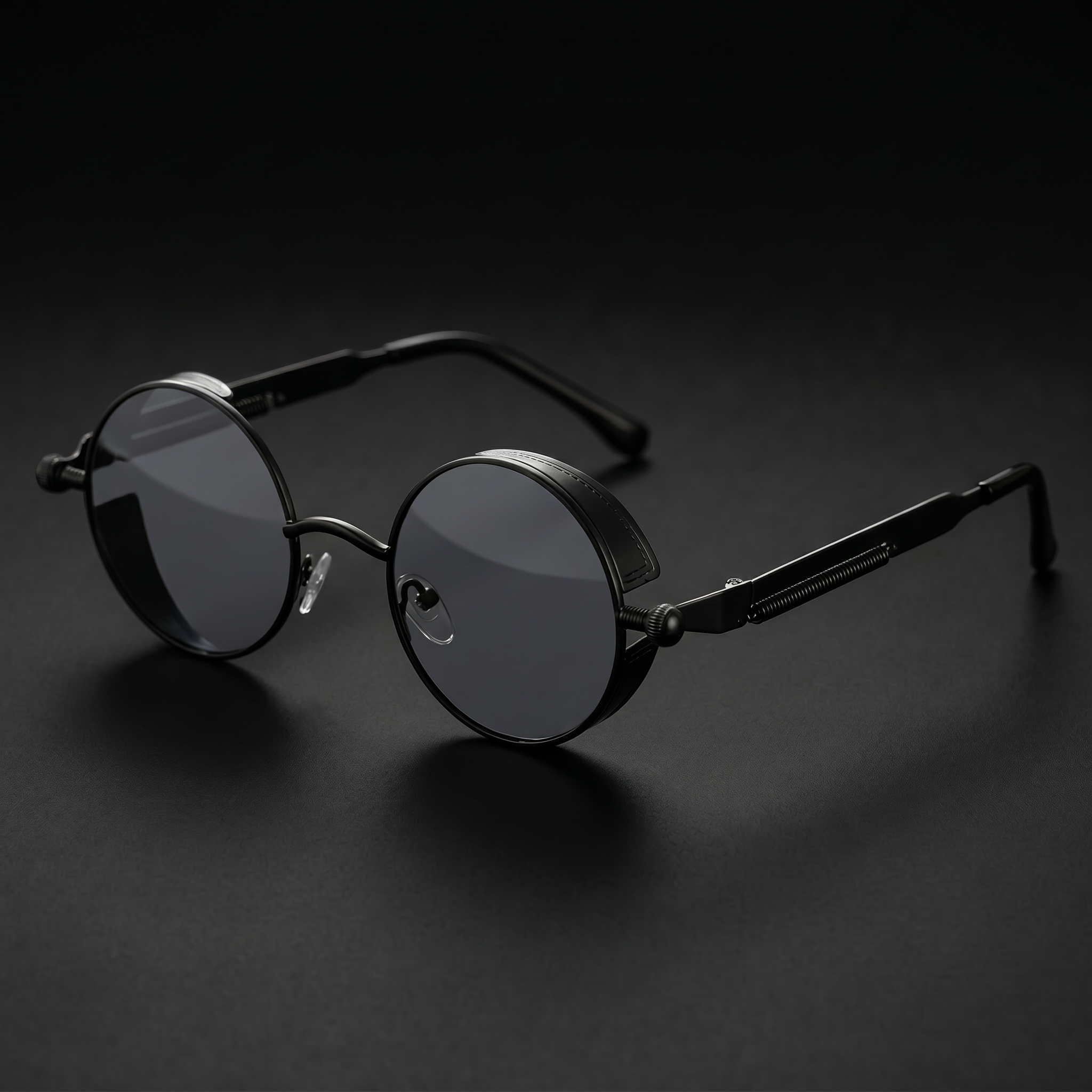 Round Steampunk Sunglasses – Black Gray colorway close-up