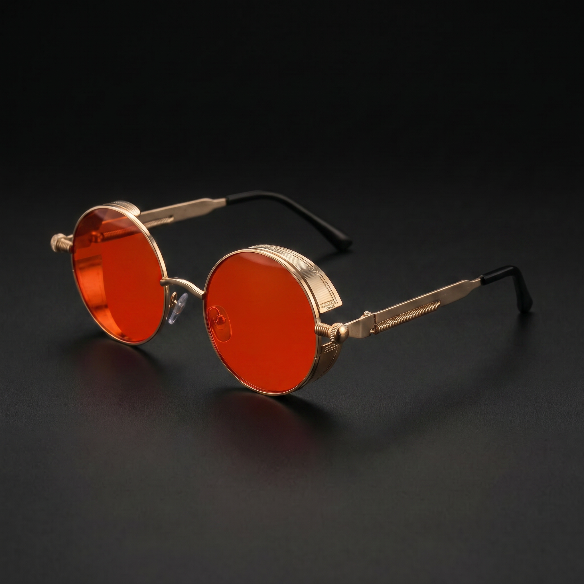 Round Steampunk Sunglasses – Gold Red colorway close-up