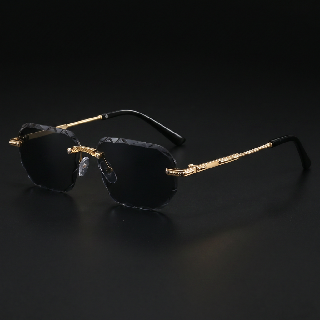 Rimless square sunglasses, smoke grey gradient lens, gold metal frame