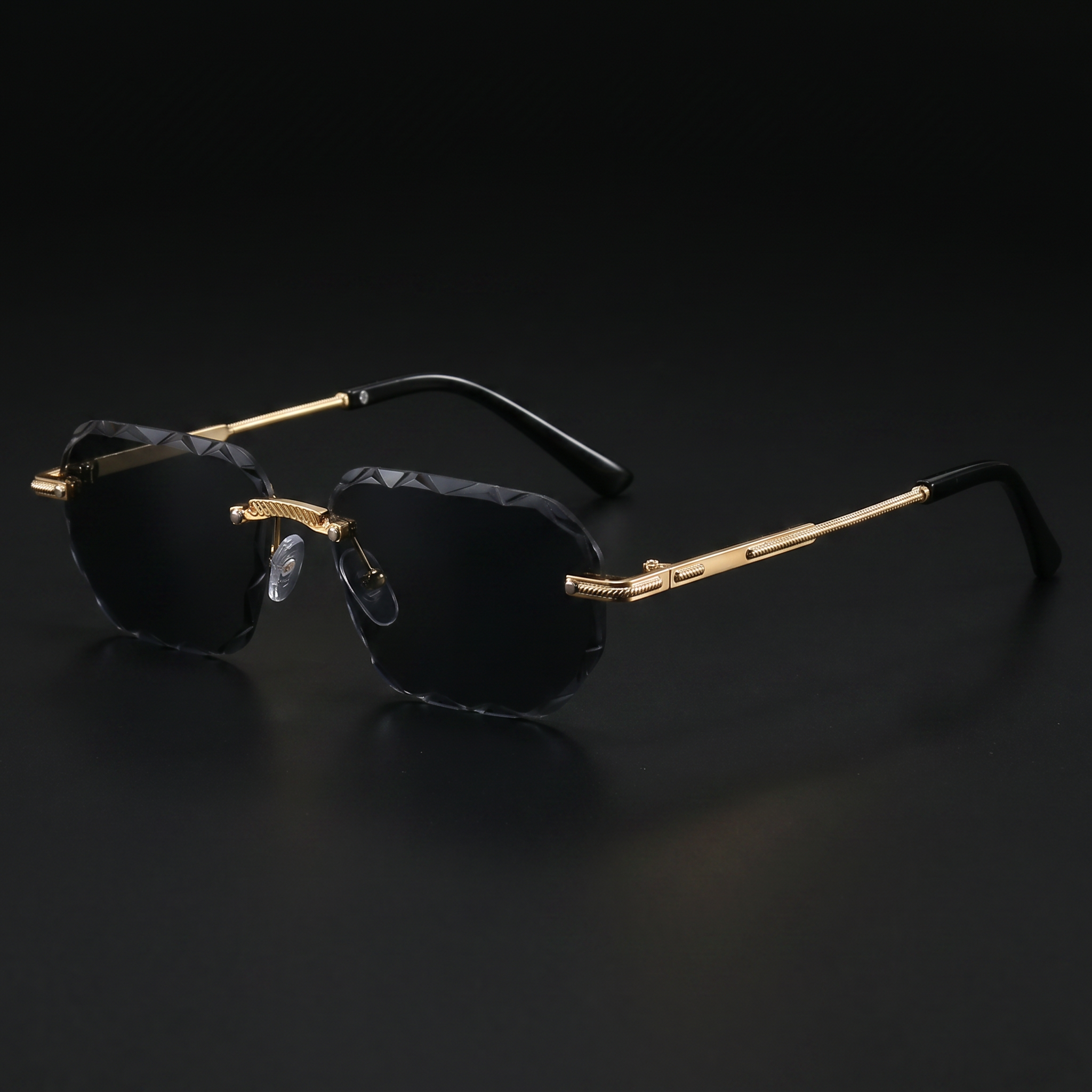 Rimless square sunglasses, smoke grey gradient lens, gold metal frame