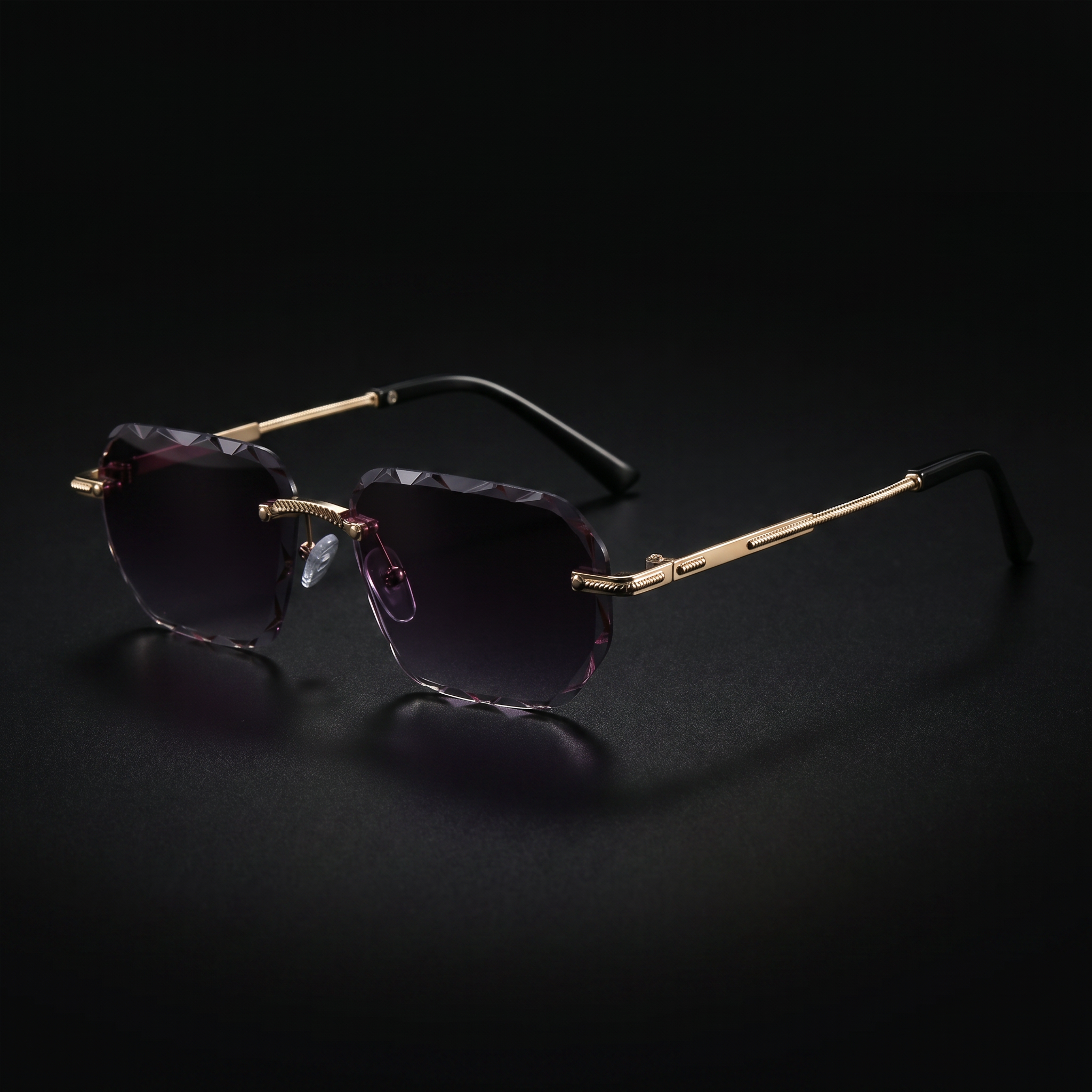 Rimless square sunglasses, purple gradient lens, gold metal frame