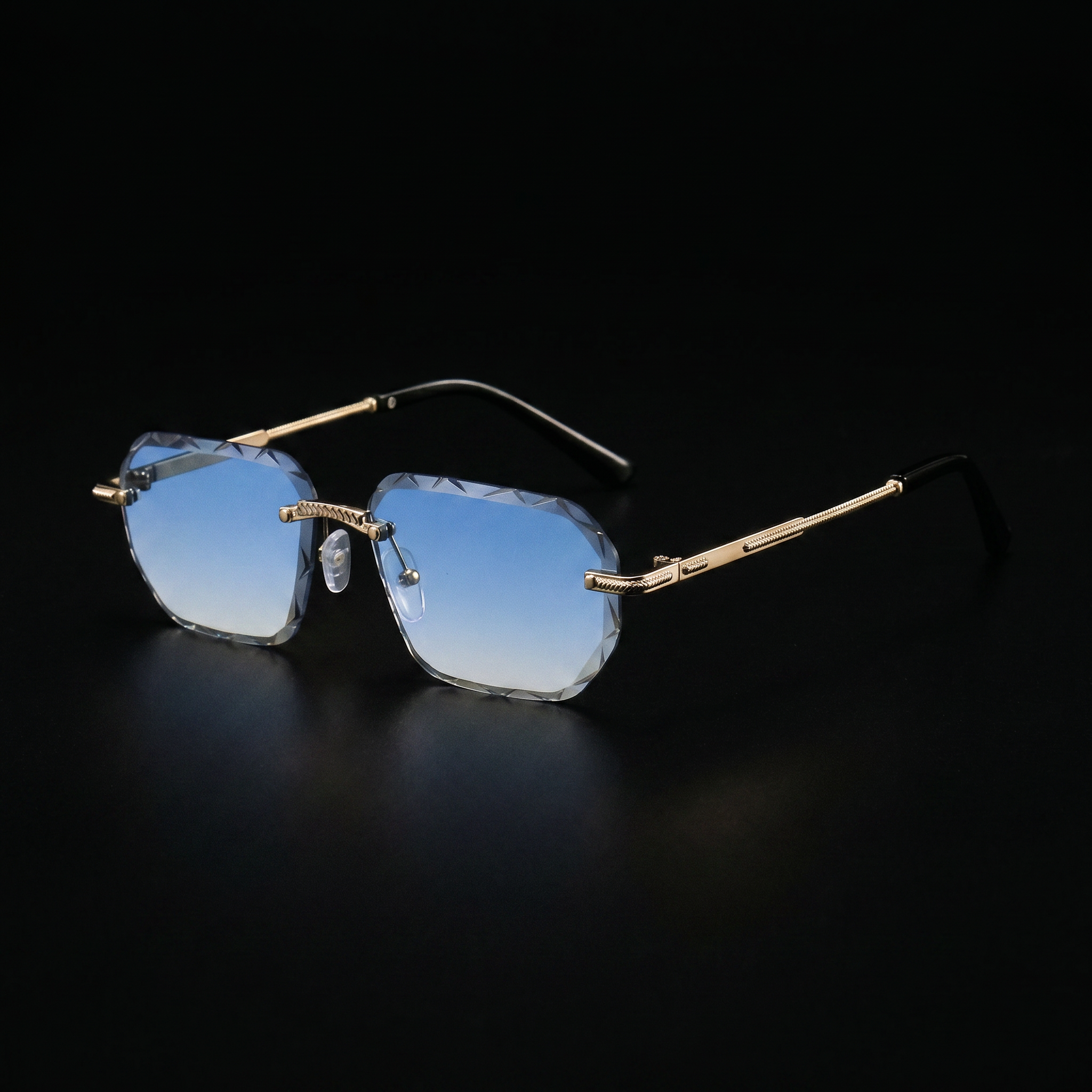 Rimless square sunglasses, blue gradient lens, gold metal frame