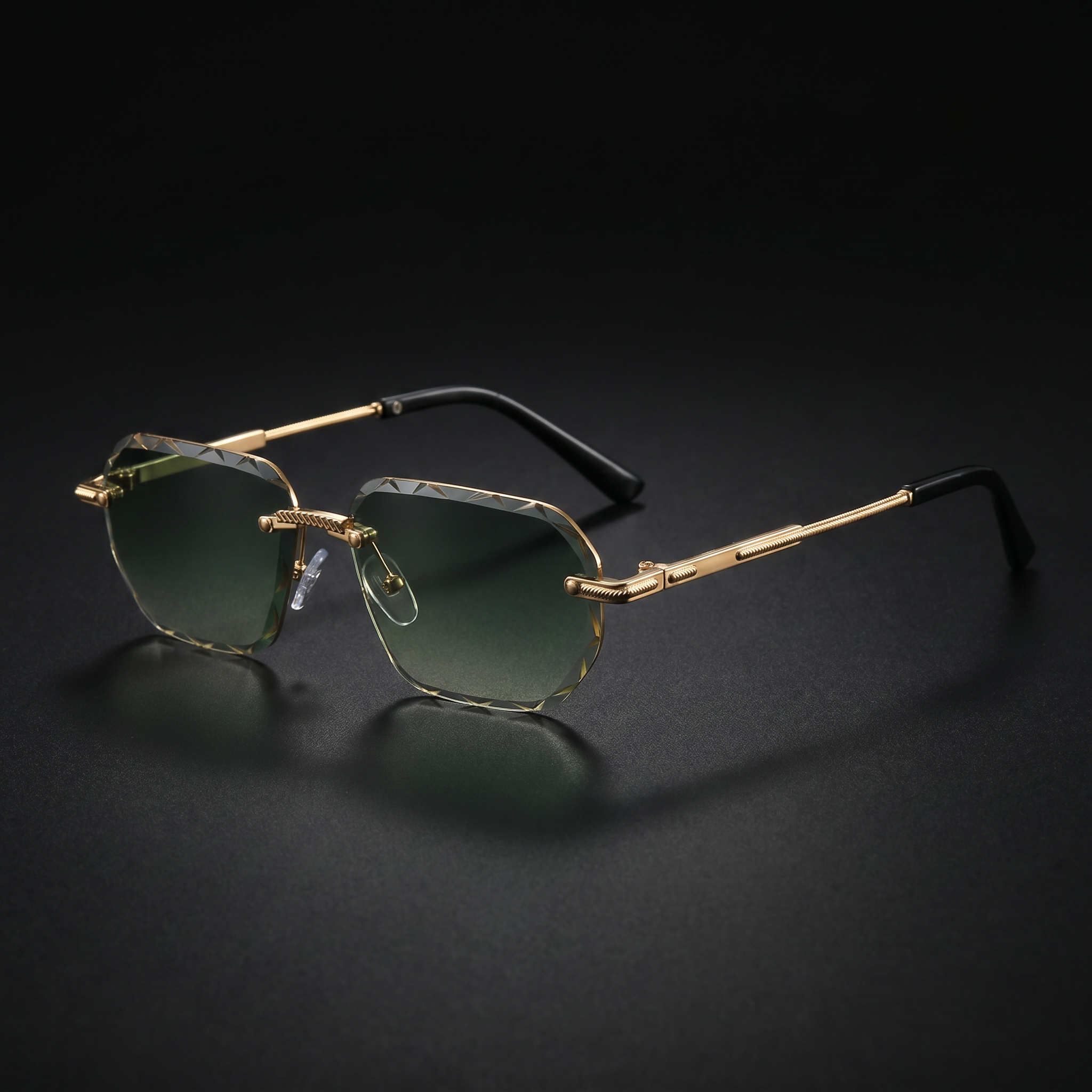 Rimless square sunglasses, green gradient lens, gold metal frame
