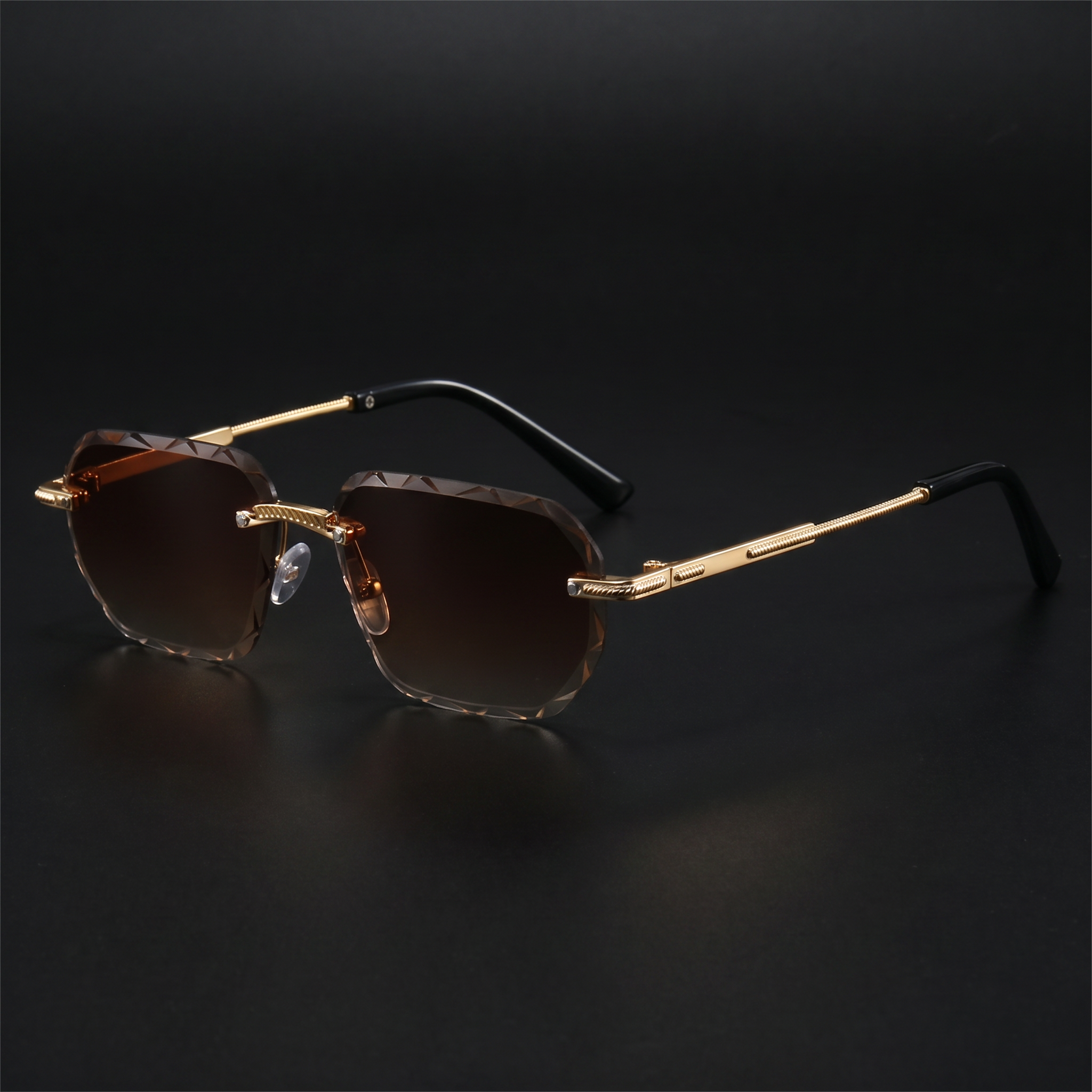 Rimless square sunglasses, brown gradient lens, gold metal frame
