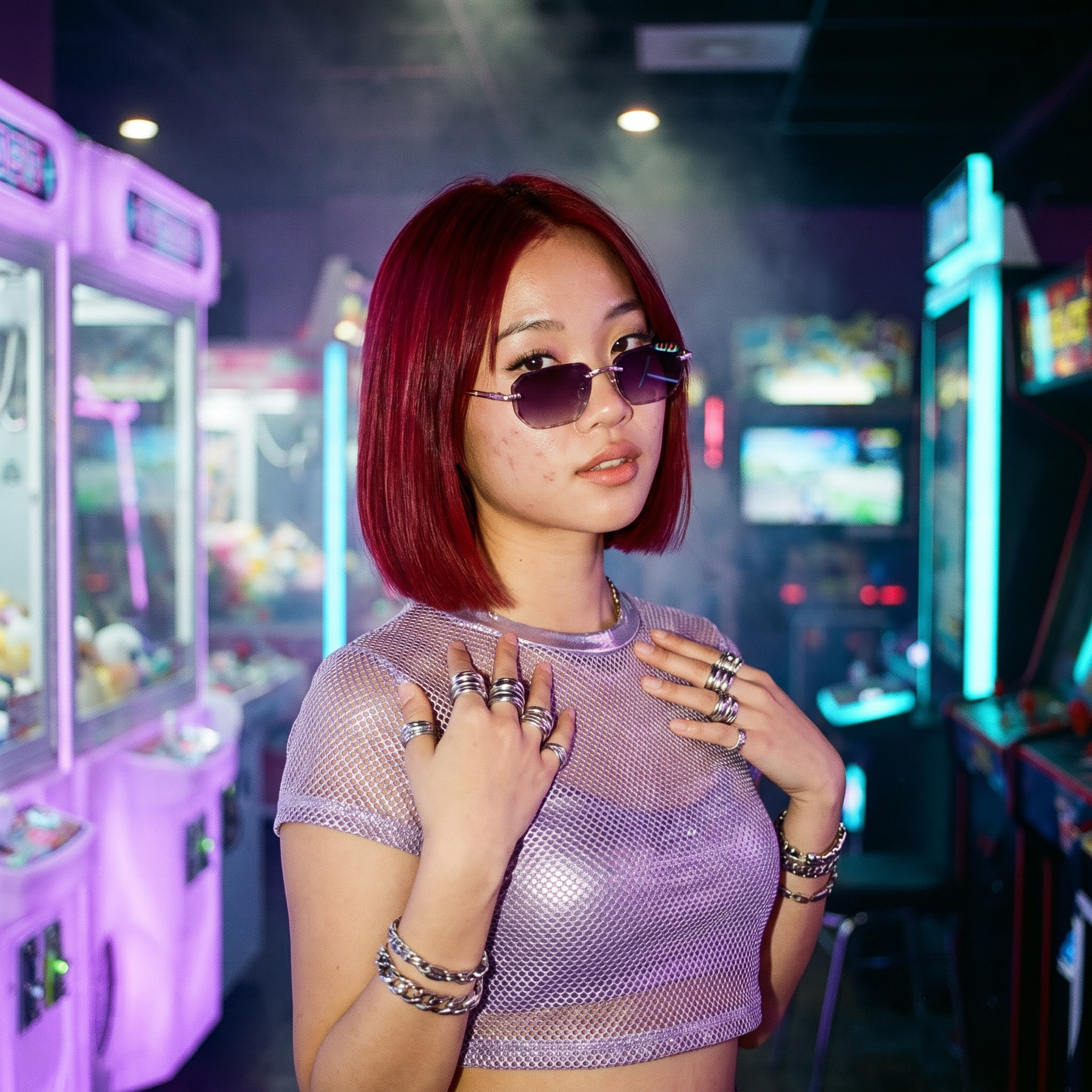 Woman wearing rimless square sunglasses with purple gradient lens at a neon arcade