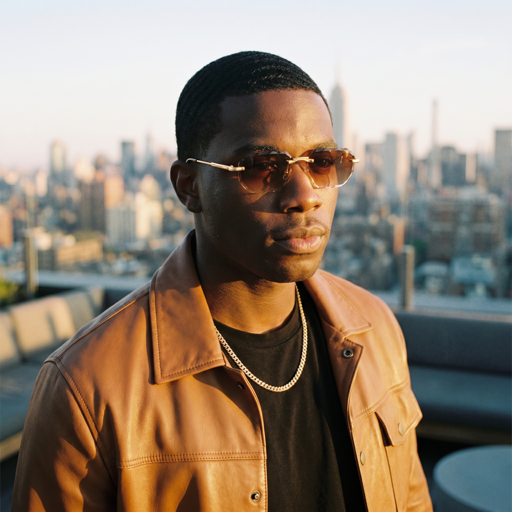 Man wearing rimless square sunglasses with brown gradient lens on a rooftop at golden hour