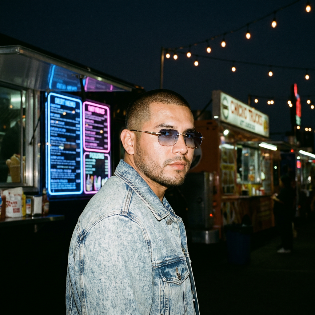 Man wearing rimless square sunglasses with blue gradient lens at a night food truck lot