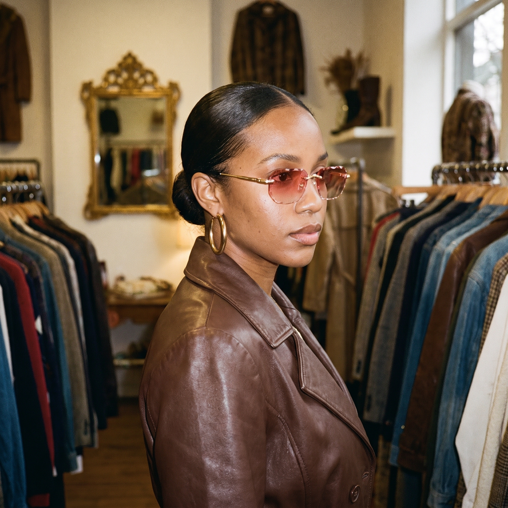 Woman wearing rimless square sunglasses with rose pink gradient lens in a vintage boutique