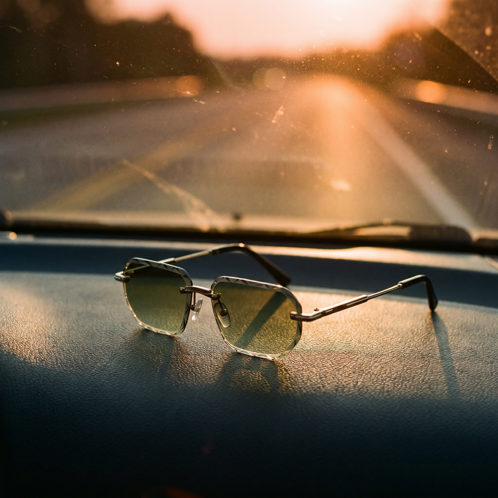 Rimless square sunglasses with green gradient lens on a car dashboard at sunset