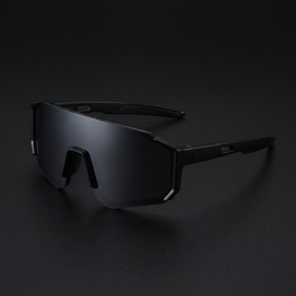Wraparound sport sunglasses black frame smoke shield lens - Swervy Blaze Shield studio close-up