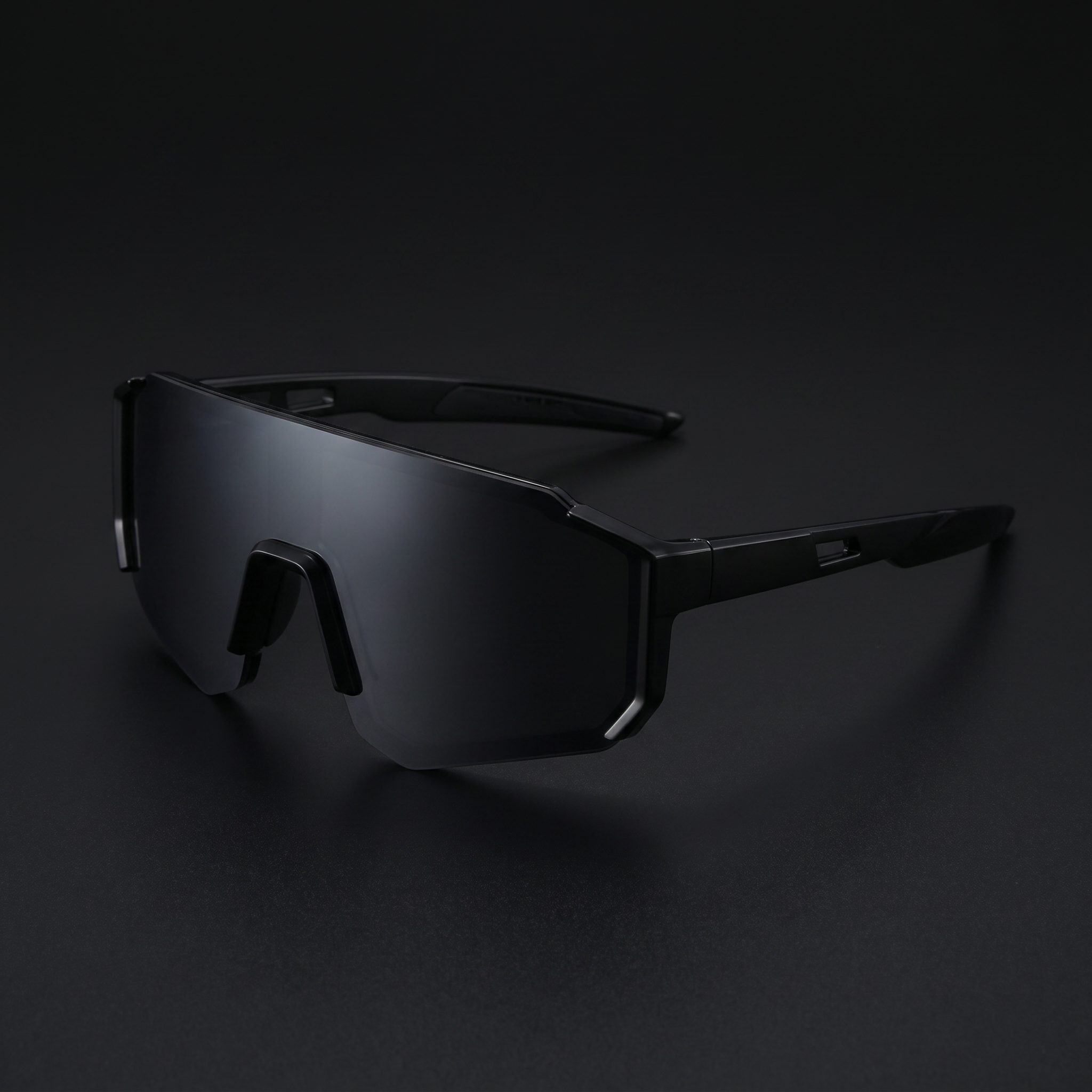 Wraparound sport sunglasses black frame smoke shield lens - Swervy Blaze Shield studio close-up