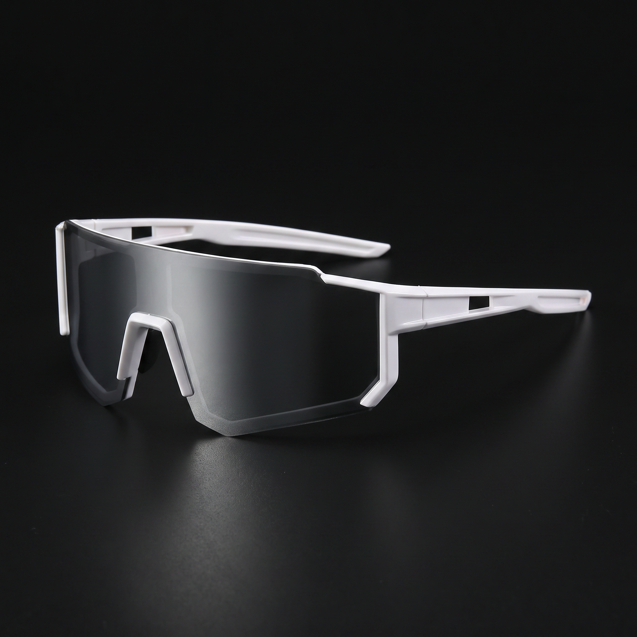 Wraparound sport sunglasses white frame chrome mirrored shield lens - Swervy Blaze Shield studio close-up