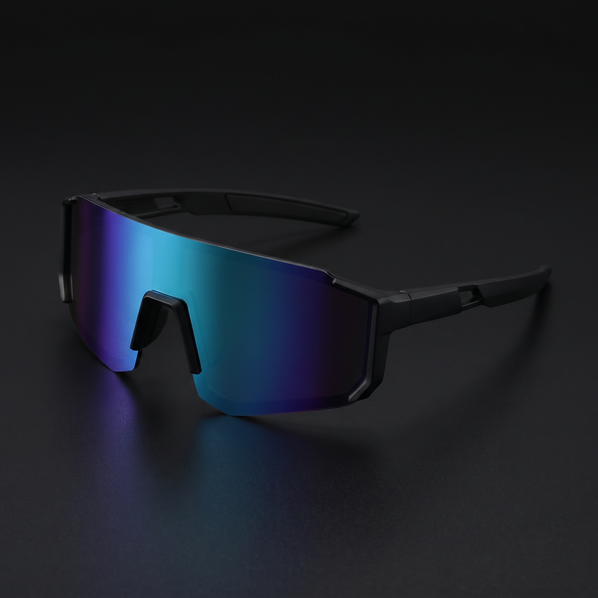 Wraparound sport sunglasses black frame emerald teal mirrored shield lens - Swervy Blaze Shield studio close-up