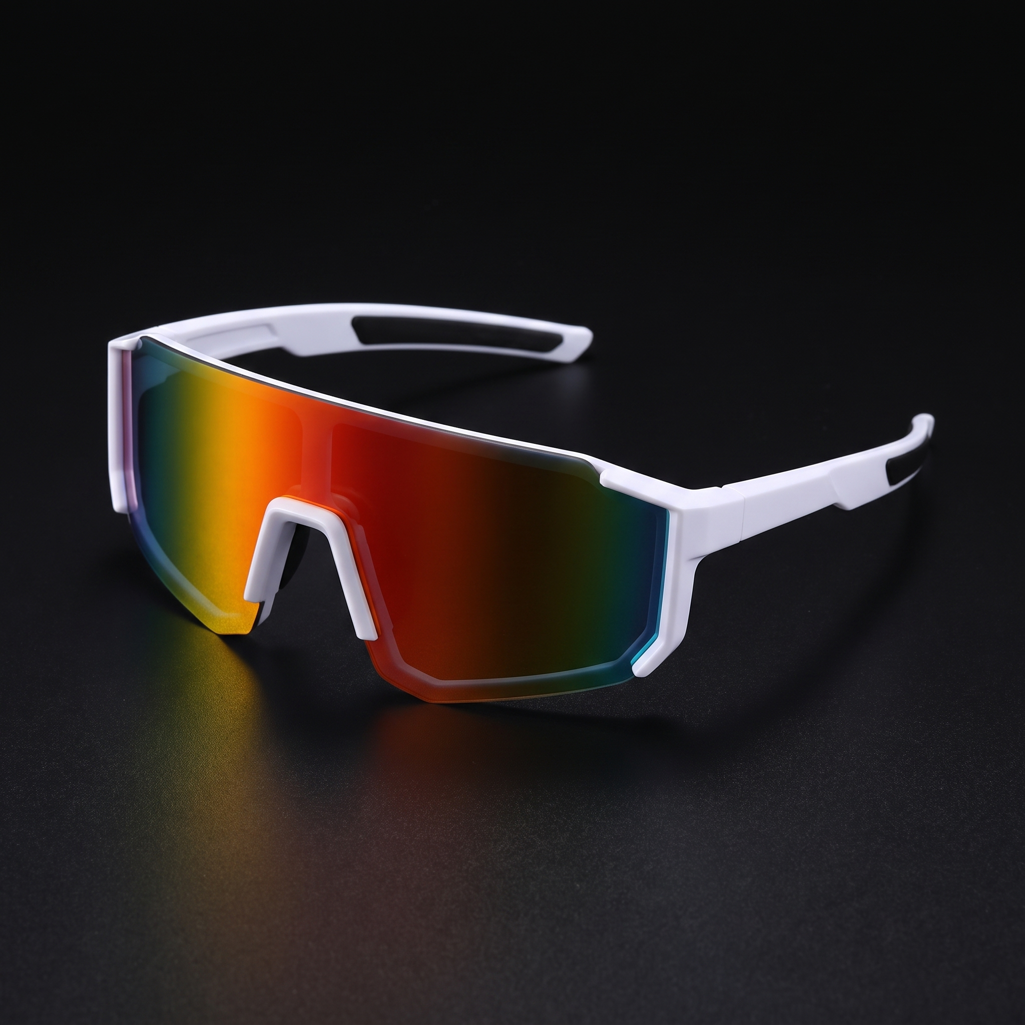 Wraparound sport sunglasses white frame fire mirrored shield lens - Swervy Blaze Shield studio close-up