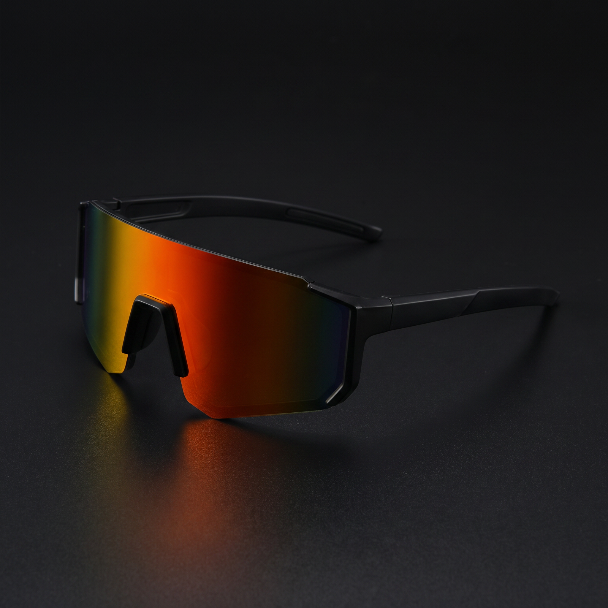 Wraparound sport sunglasses black frame fire mirrored shield lens - Swervy Blaze Shield studio close-up