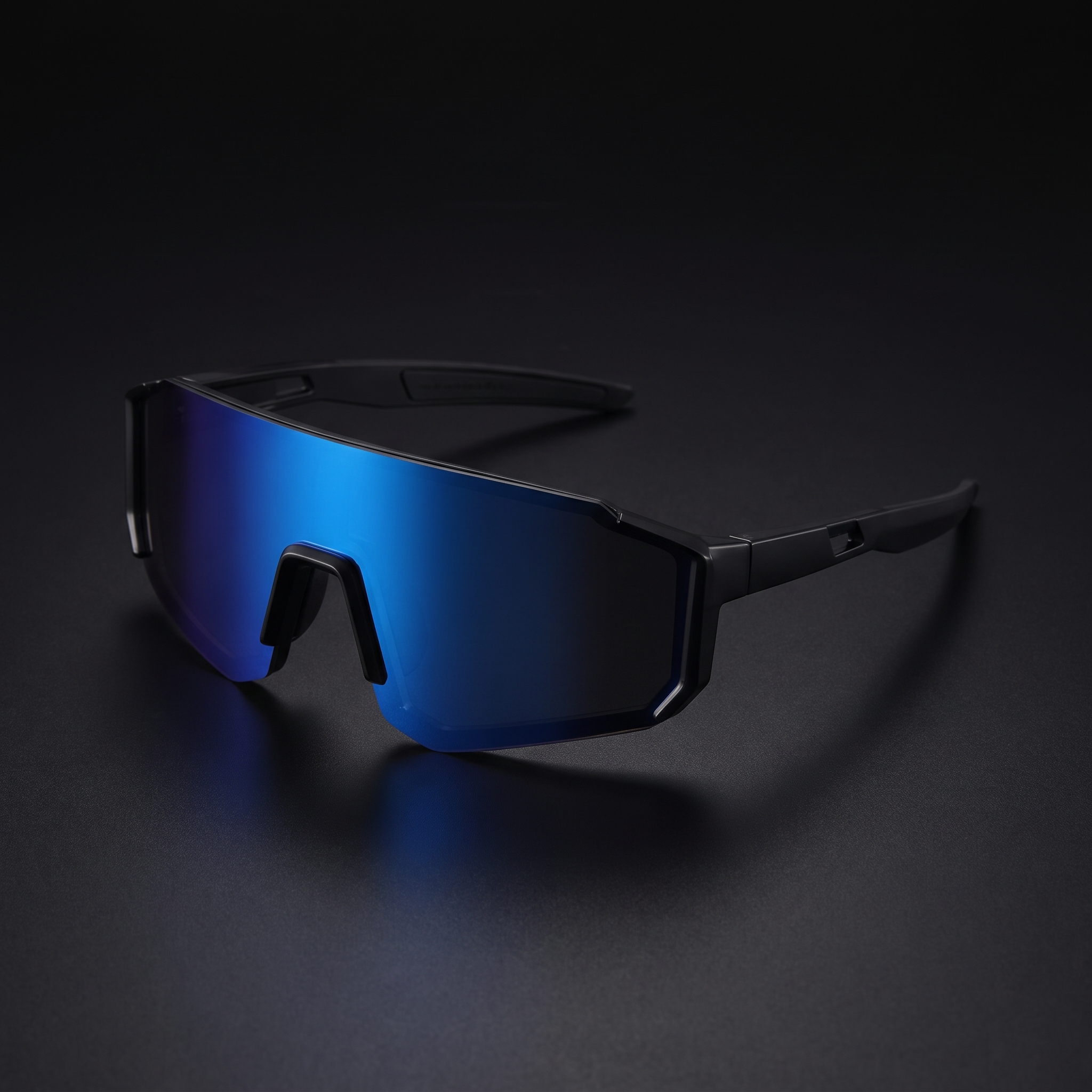 Wraparound sport sunglasses black frame ice blue mirrored shield lens - Swervy Blaze Shield studio close-up