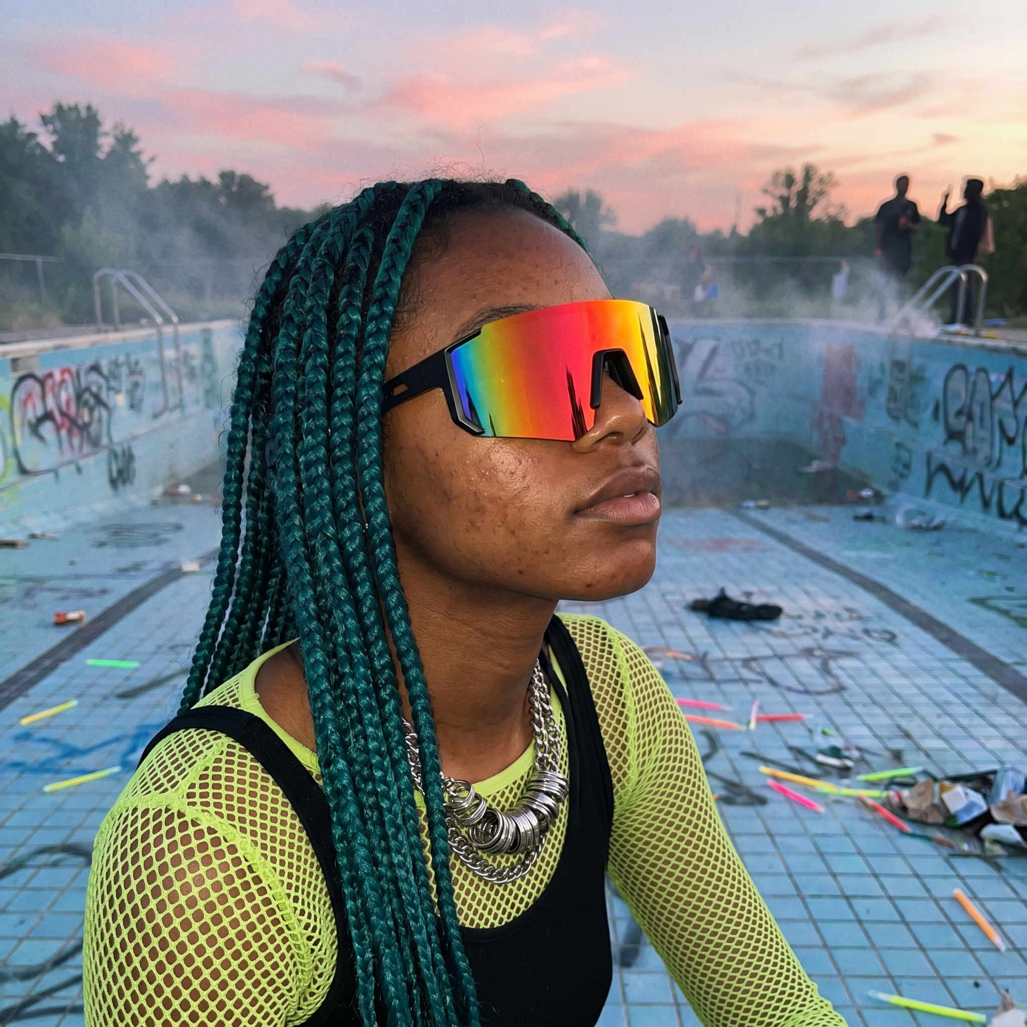 Woman wearing Swervy Blaze Shield wraparound sunglasses at a sunset pool rave