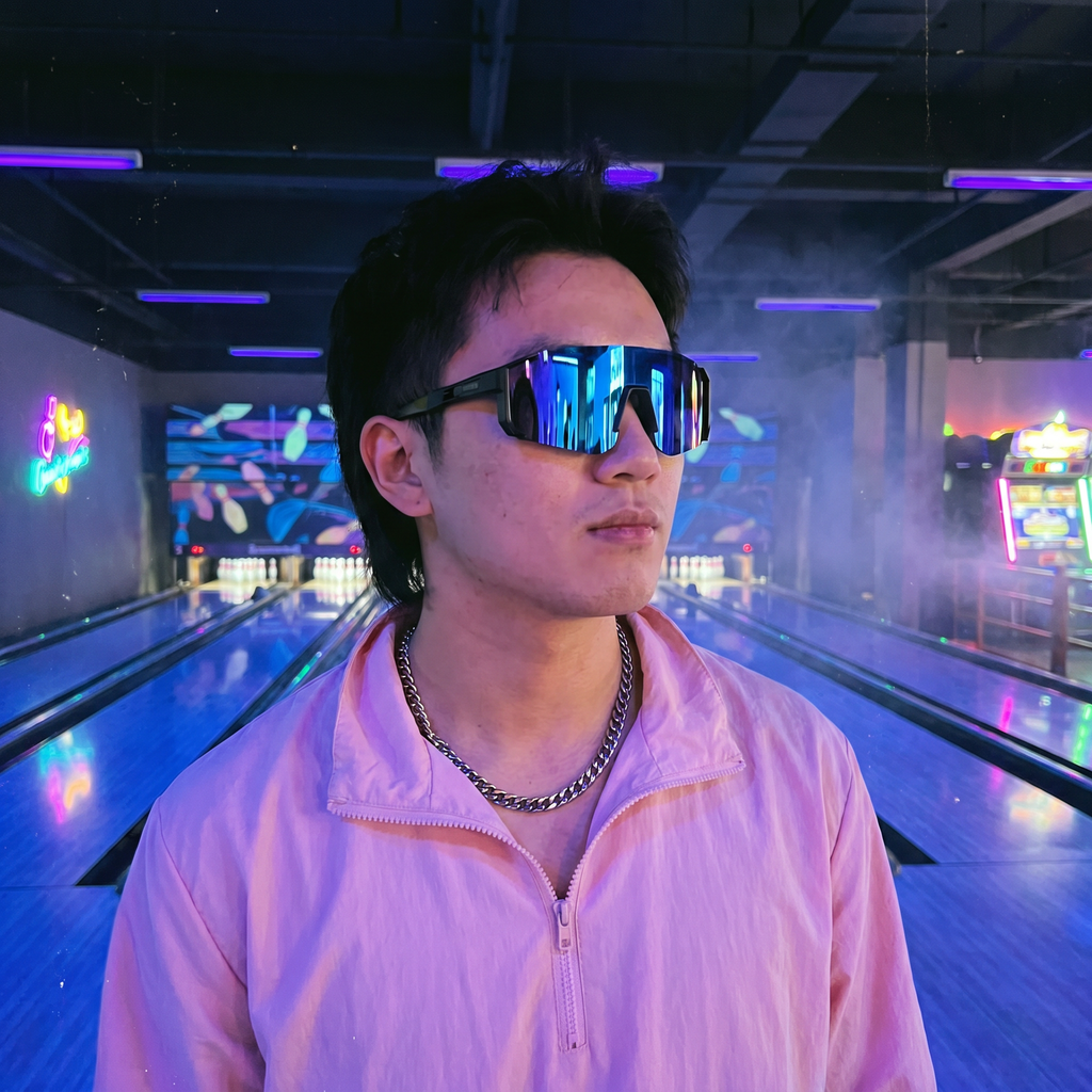 Man wearing Swervy Blaze Shield wraparound sunglasses in a blacklight bowling alley