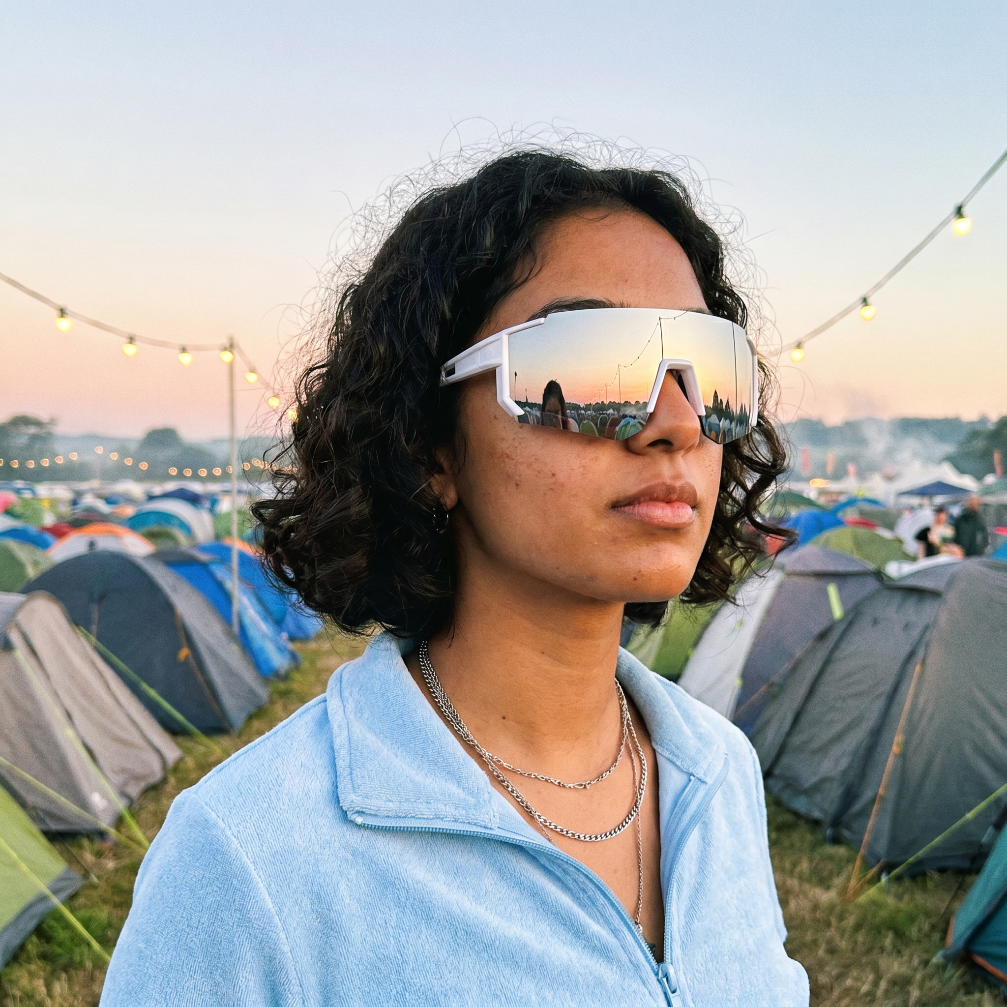Woman wearing Swervy Blaze Shield chrome wraparound sunglasses at a festival campground at dawn