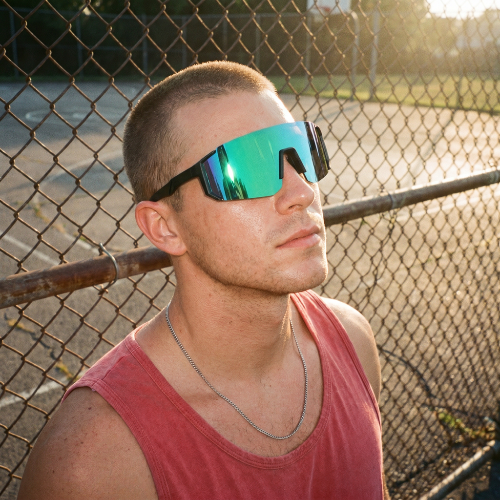 Man wearing Swervy Blaze Shield emerald wraparound sport sunglasses on an outdoor basketball court