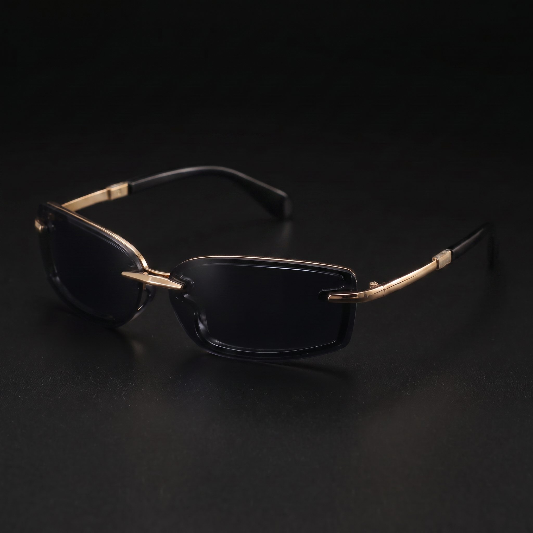Swervy Vision Y2K rimless shades black lens studio close-up