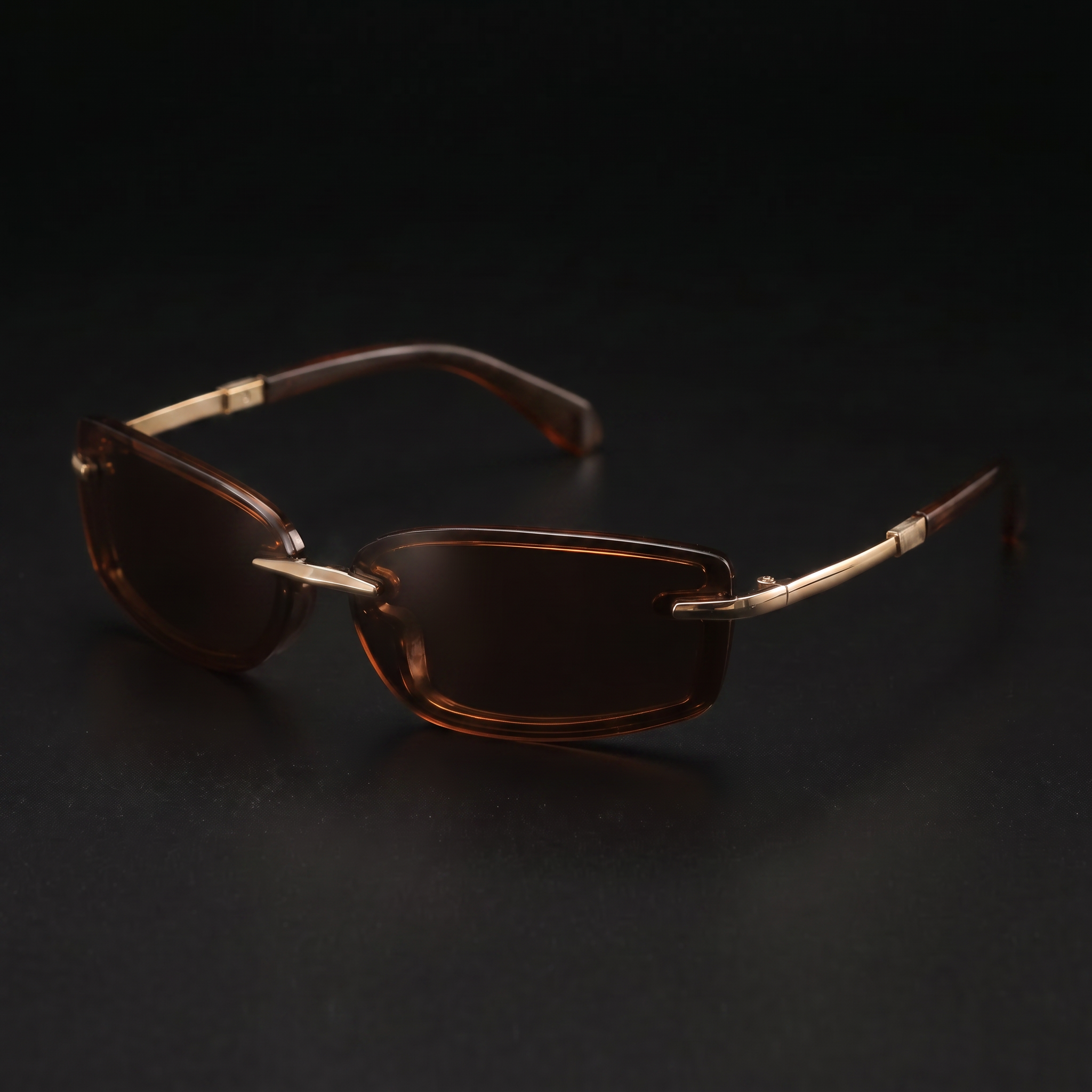 Swervy Vision Y2K rimless shades brown lens studio close-up