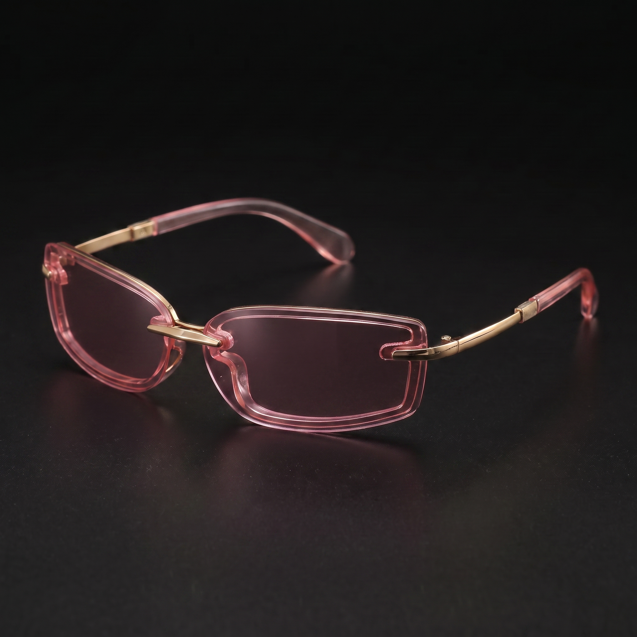 Swervy Vision Y2K rimless shades pink lens studio close-up