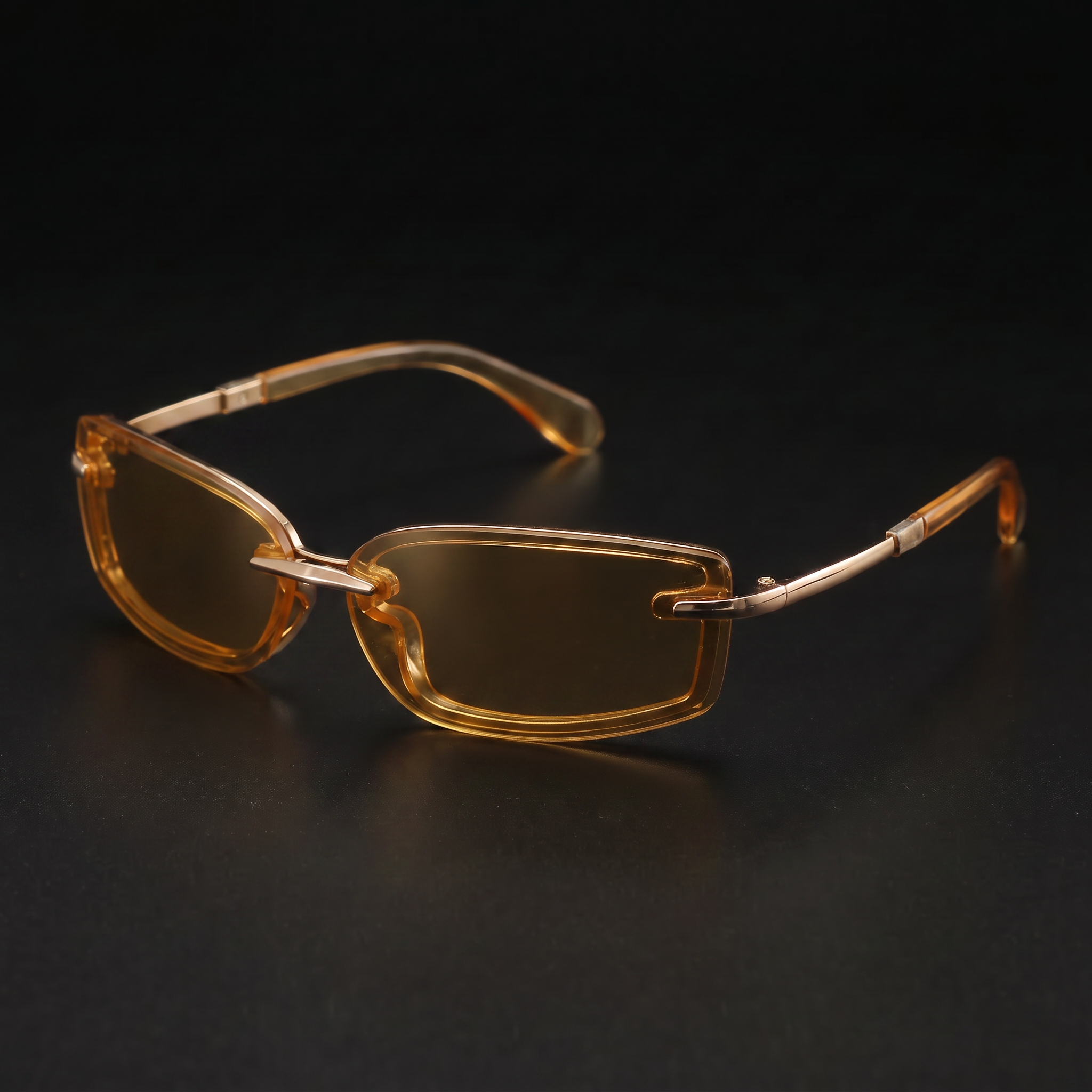Swervy Vision Y2K rimless shades amber lens studio close-up