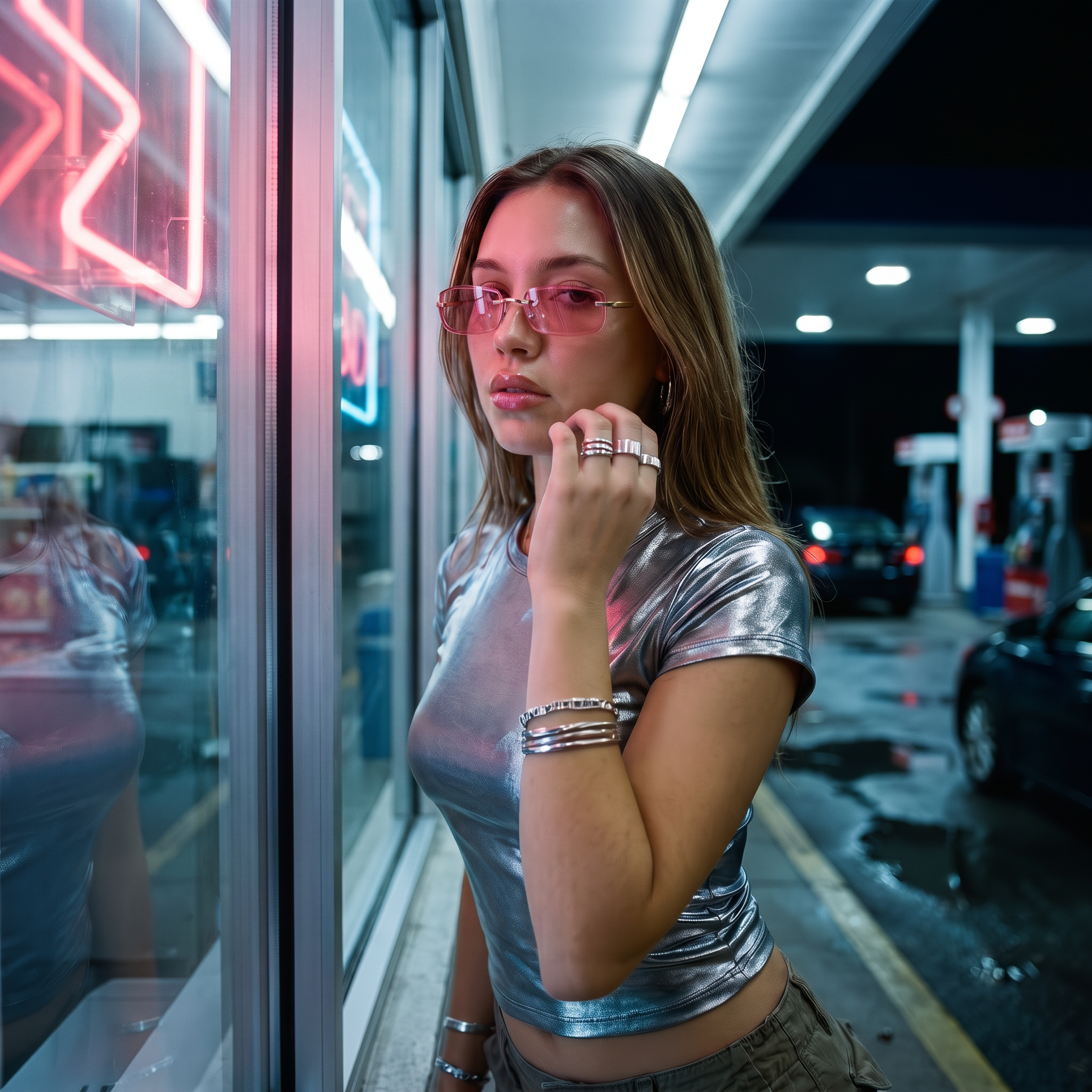 Swervy Vision Y2K rimless shades in pink outside a gas station at 3am under neon glow