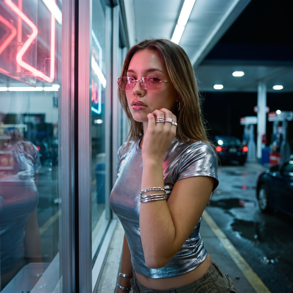 Swervy Vision Y2K rimless shades in pink outside a gas station at 3am under neon glow