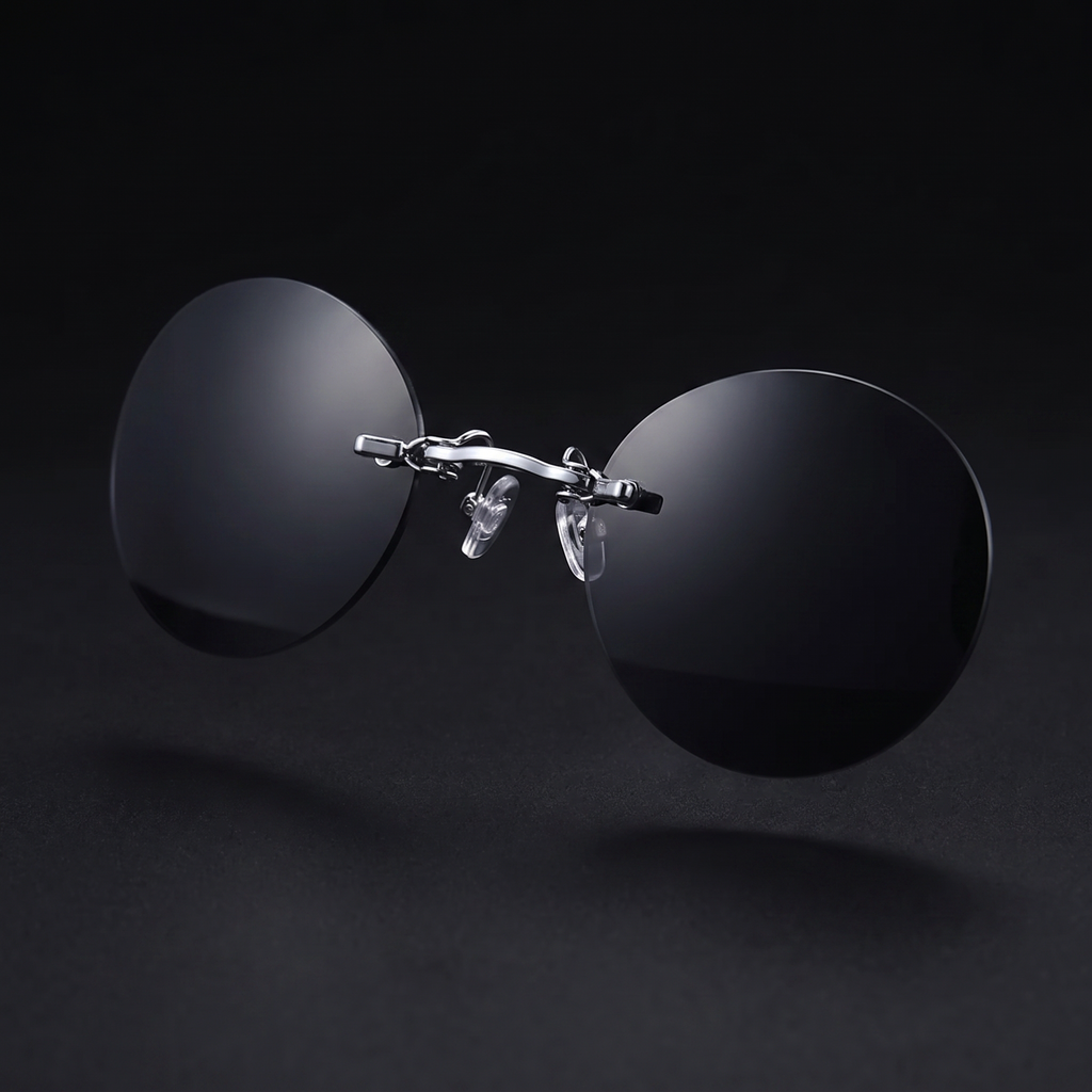 Round rimless clip-on sunglasses, black smoke mirror colorway, studio close-up — no temple arms