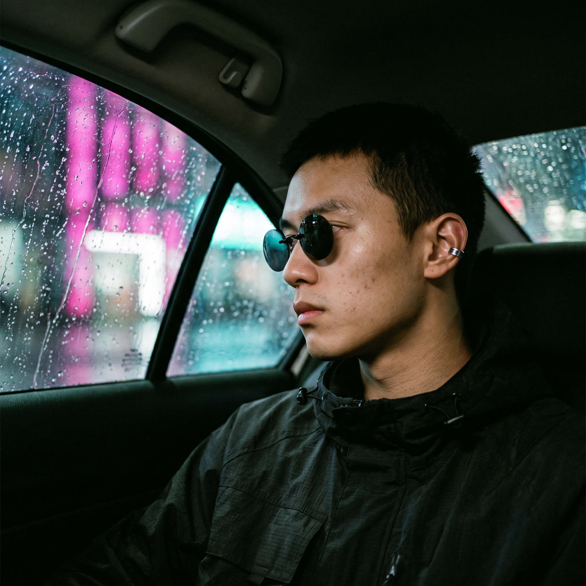 Round rimless clip-on sunglasses in black worn in a night rideshare, looking out the window