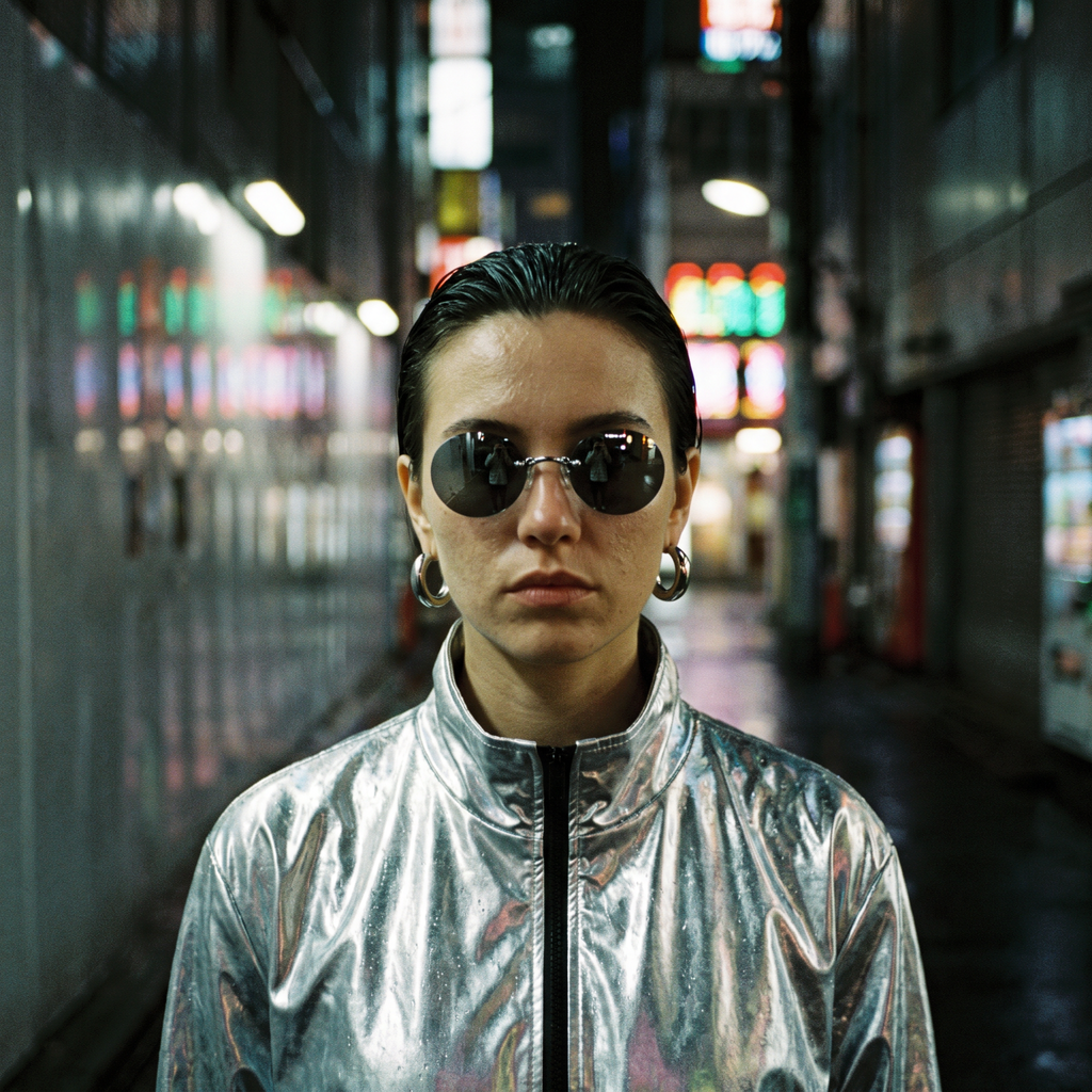 Round rimless clip-on sunglasses in silver mirror worn in a neon-lit alley, facing camera