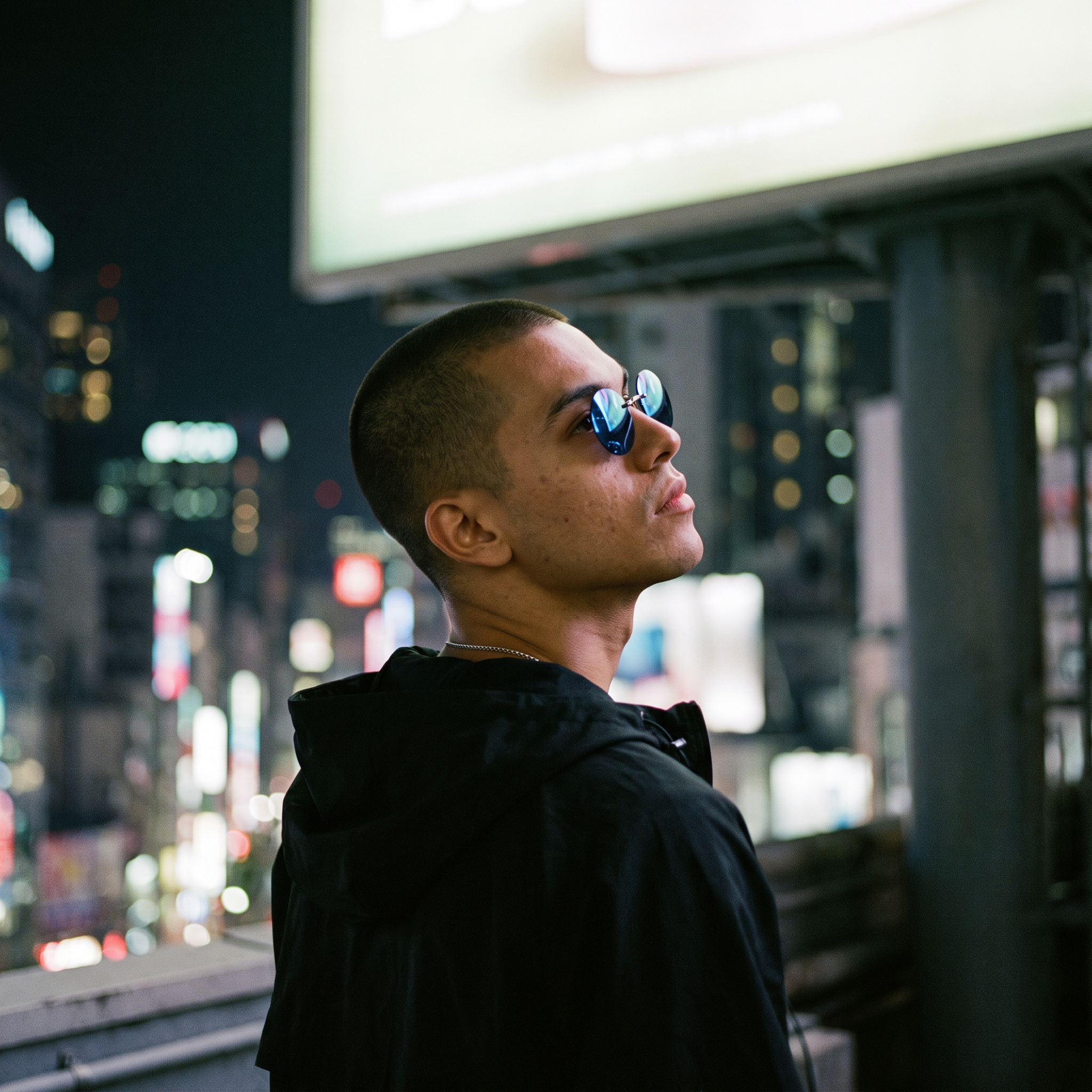 Round rimless clip-on sunglasses in blue mirror worn on a rooftop, looking up under a billboard