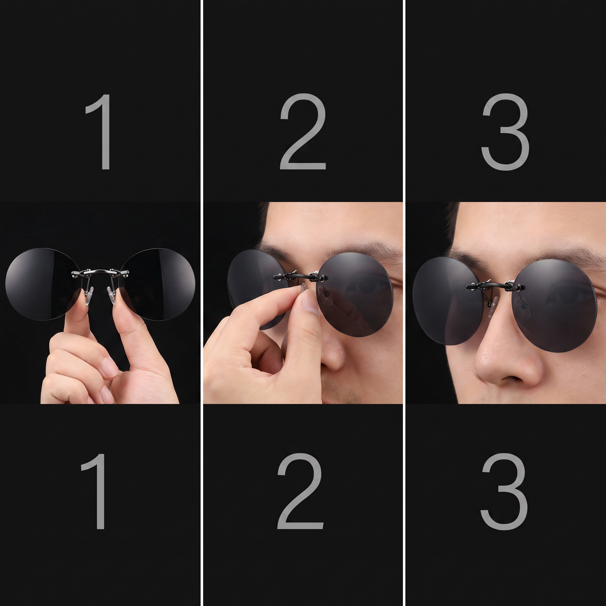 Three-step clip-on nose mechanism: hold, place on nose, wear — no temple arms