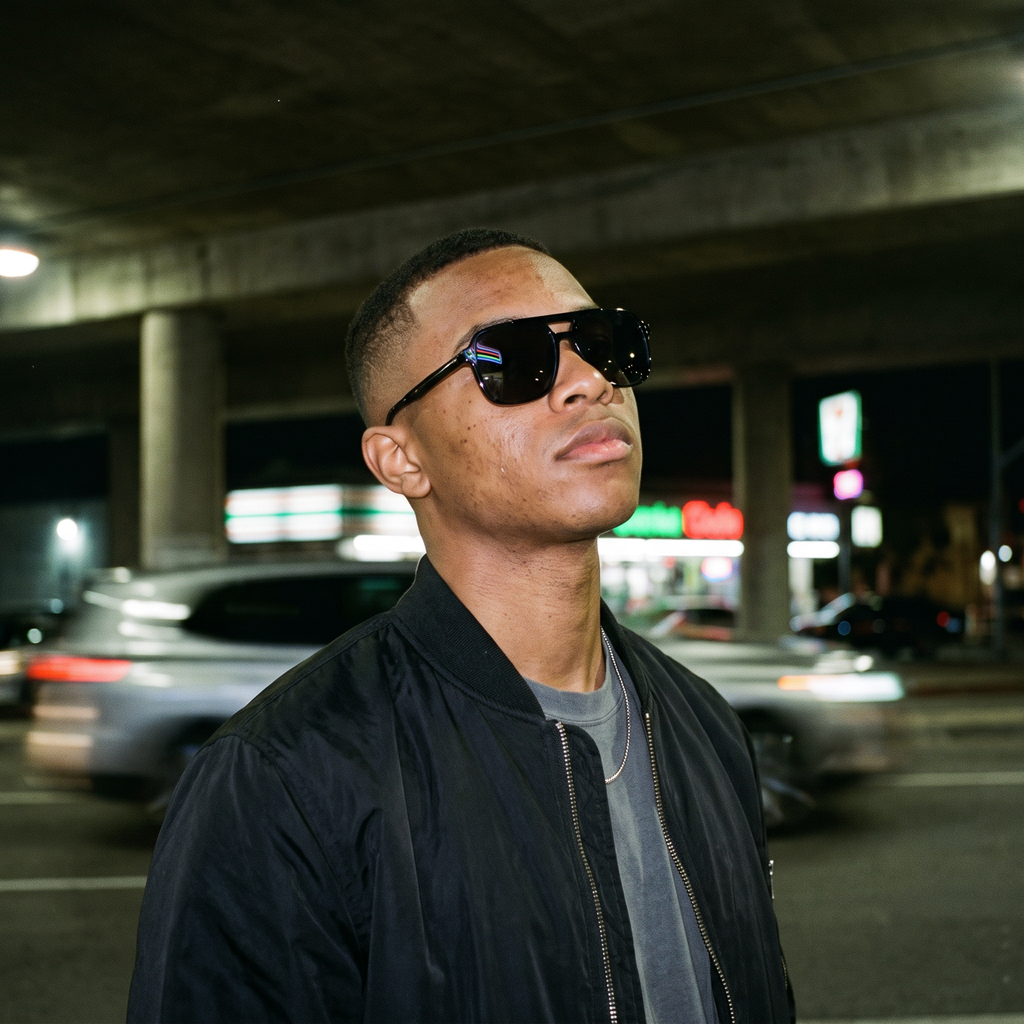 Vintage Square Sport Sunglasses in Black worn on a neon city street at night