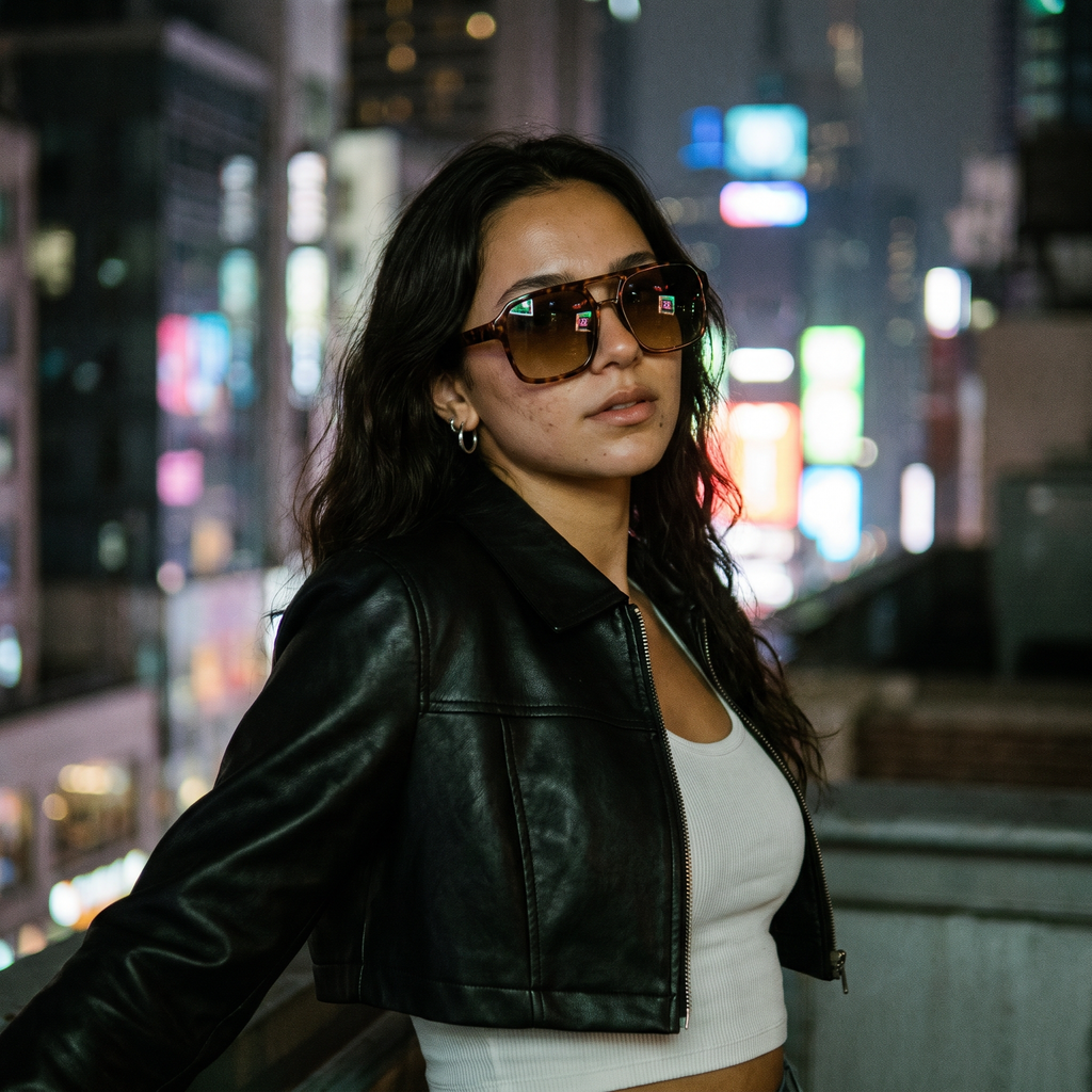 Vintage Square Sport Sunglasses in Tortoise worn on a rooftop at night