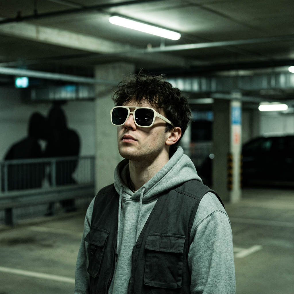 Vintage Square Sport Sunglasses in Cream worn in a parking structure at night