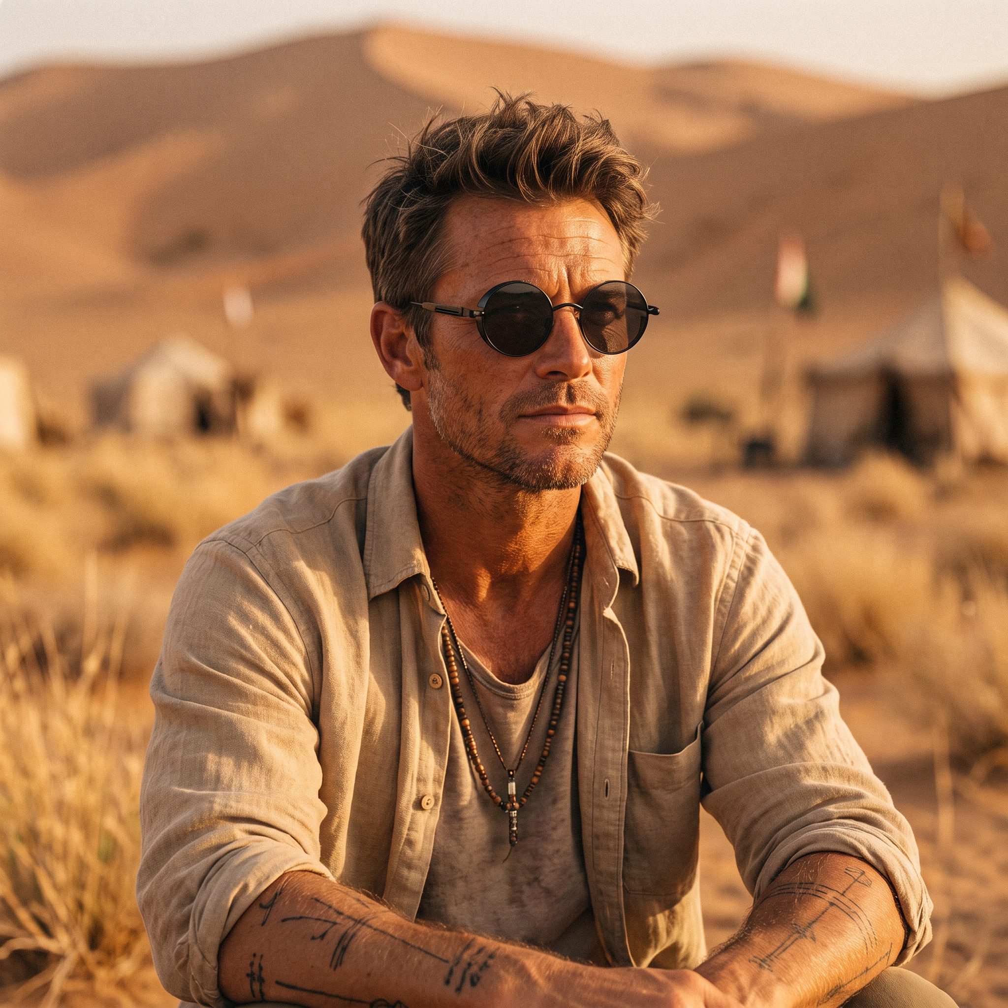 Round Steampunk Sunglasses in Black Gray worn by a man in the desert at golden hour