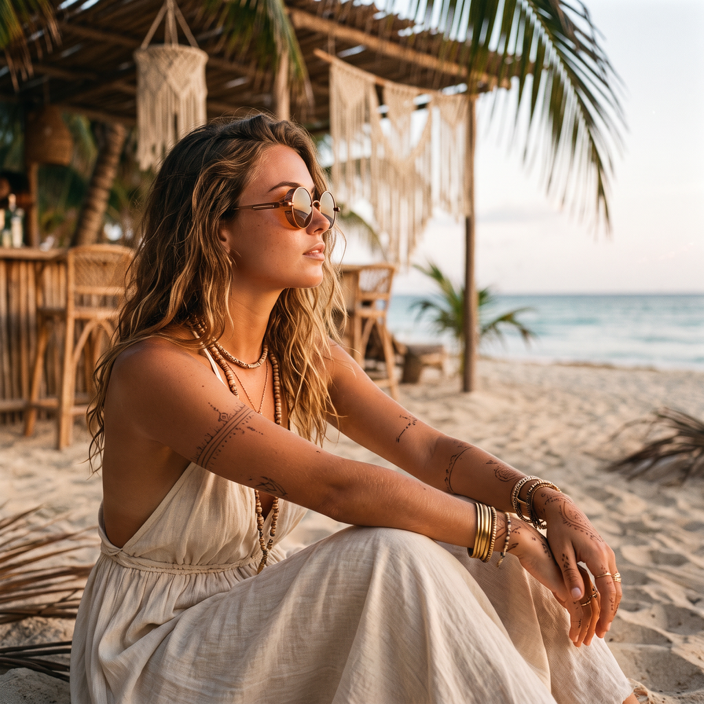 Round Steampunk Sunglasses in Tea worn at a Tulum jungle-beach at golden hour