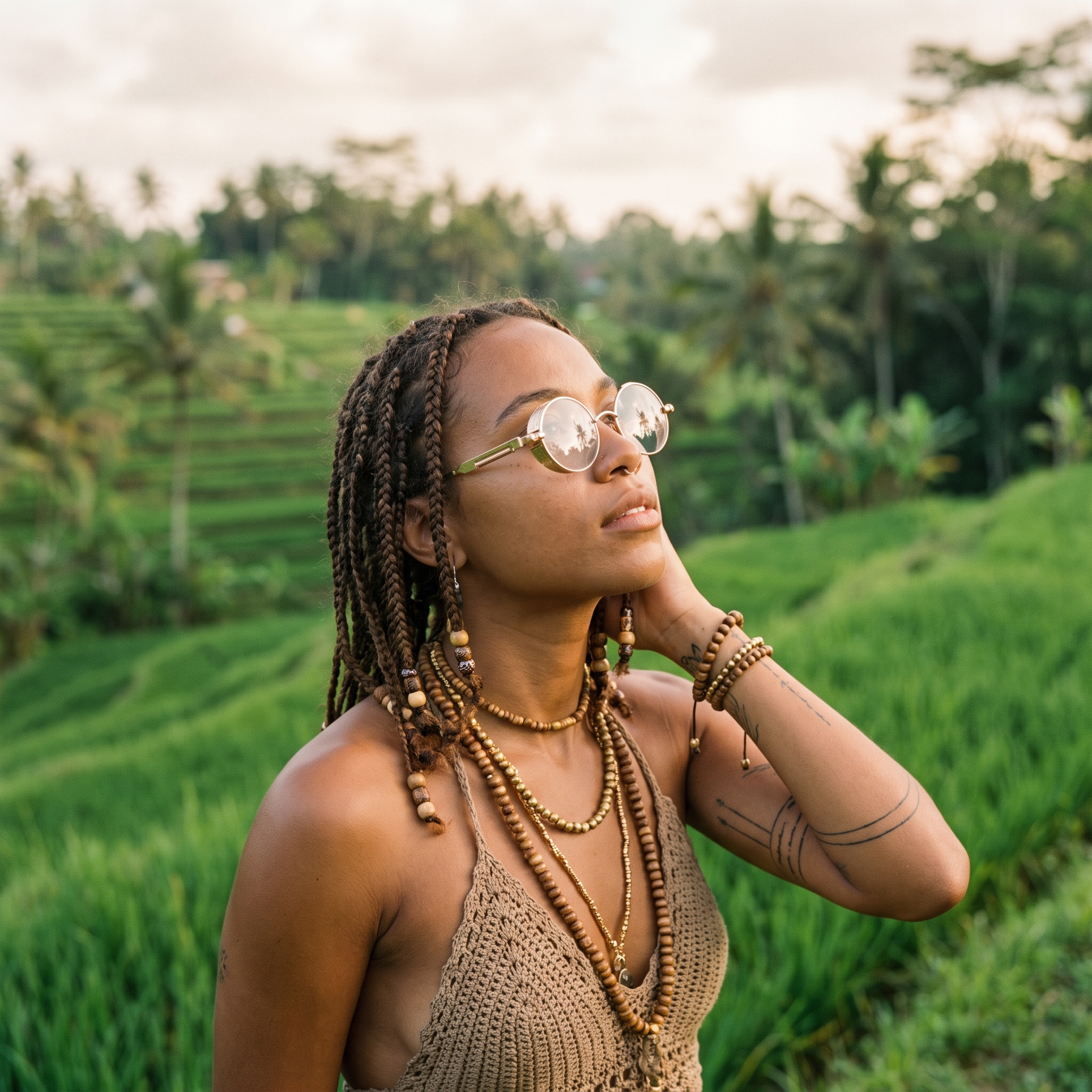 Round Steampunk Sunglasses in Gold Clear worn on a Bali rice terrace