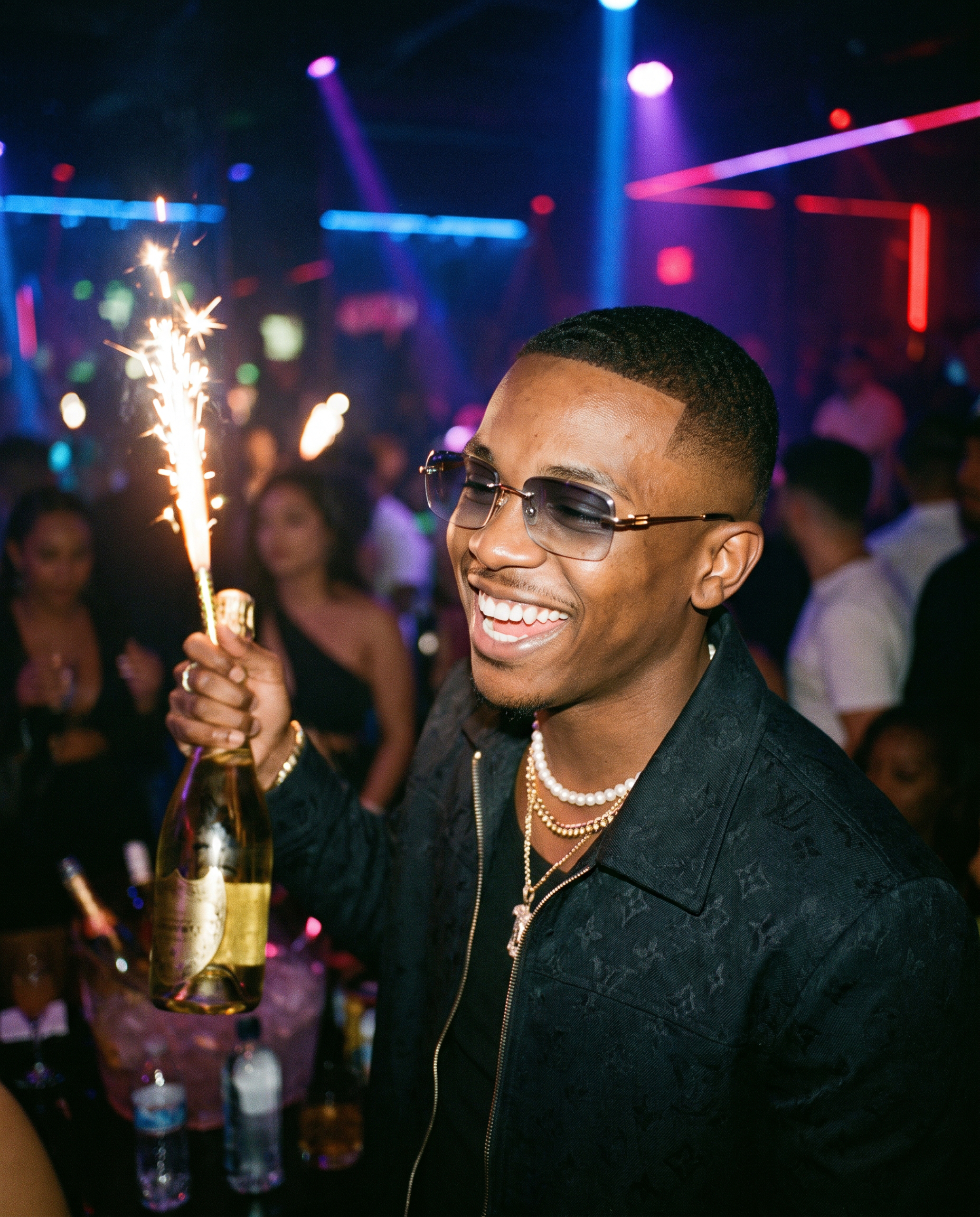 Rimless Gradient Luxe Sunglasses in Gold Grey worn at a nightclub bottle-service table