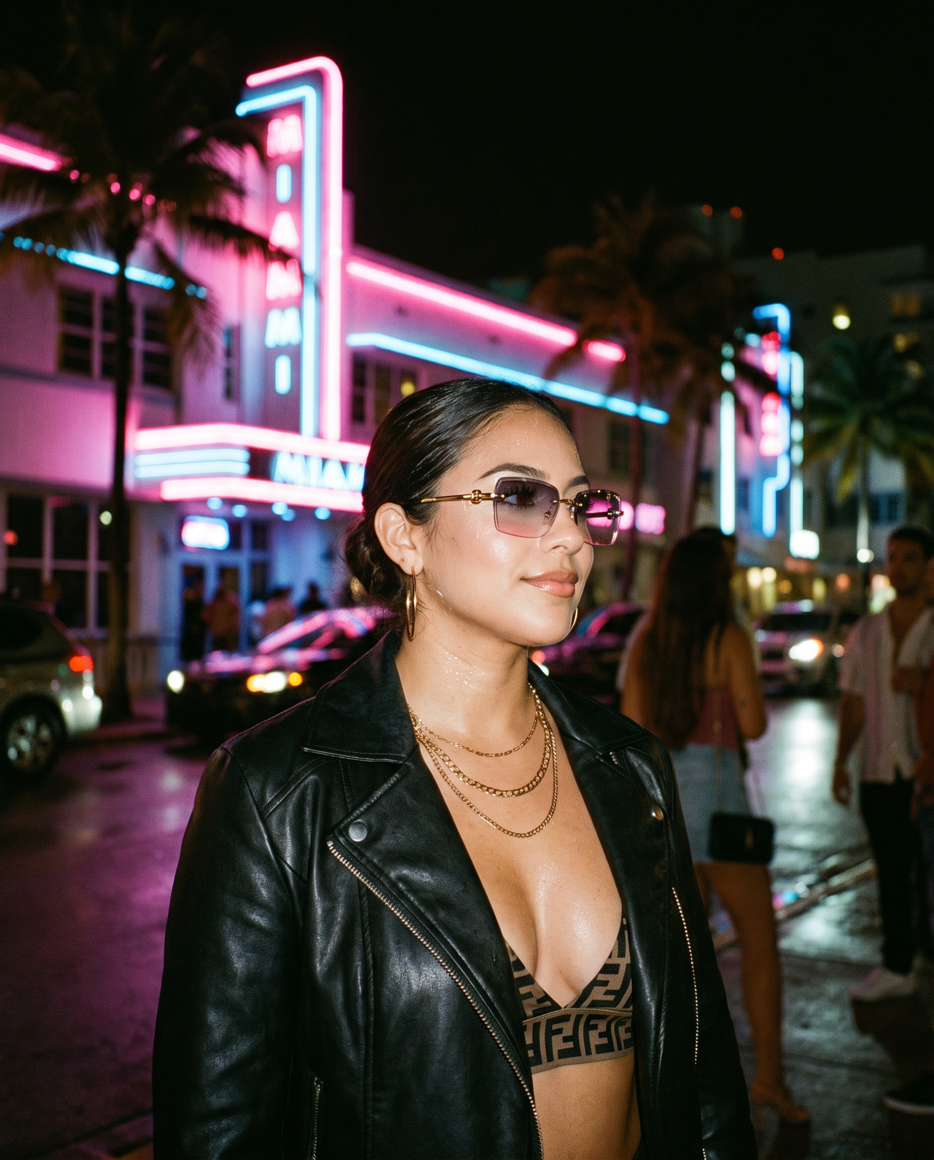Rimless Gradient Luxe Sunglasses in Grey Pink worn outside a Miami club under neon at night