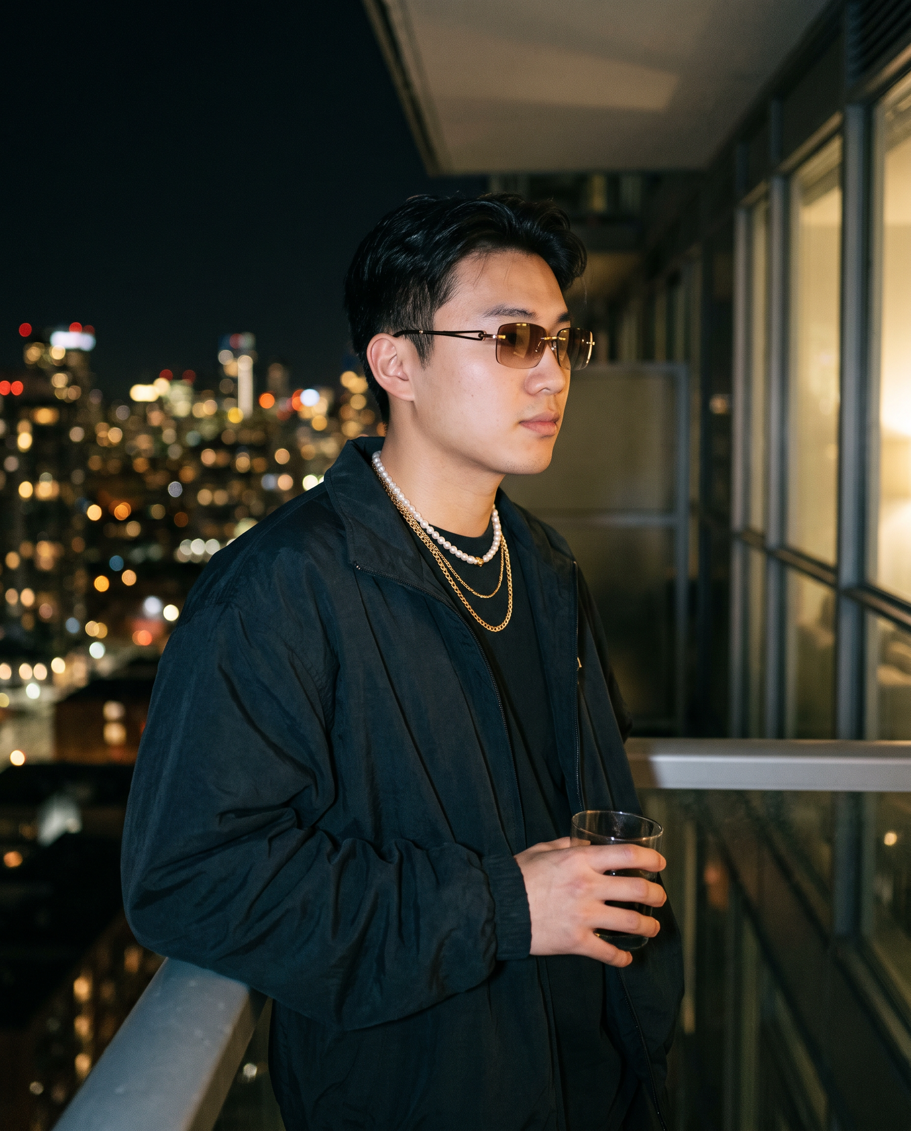 Rimless Gradient Luxe Sunglasses in Brown worn at a high-rise balcony afterparty at night